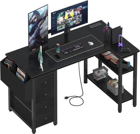 Lufeiya L Shaped Gaming Desk with Drawers & Storage Shelves, 47 Inch Reversible Corner Computer Desk with Power Outlet for Home Office Bedroom, L-Shaped Teen PC Desks with Fabric Drawer, Black