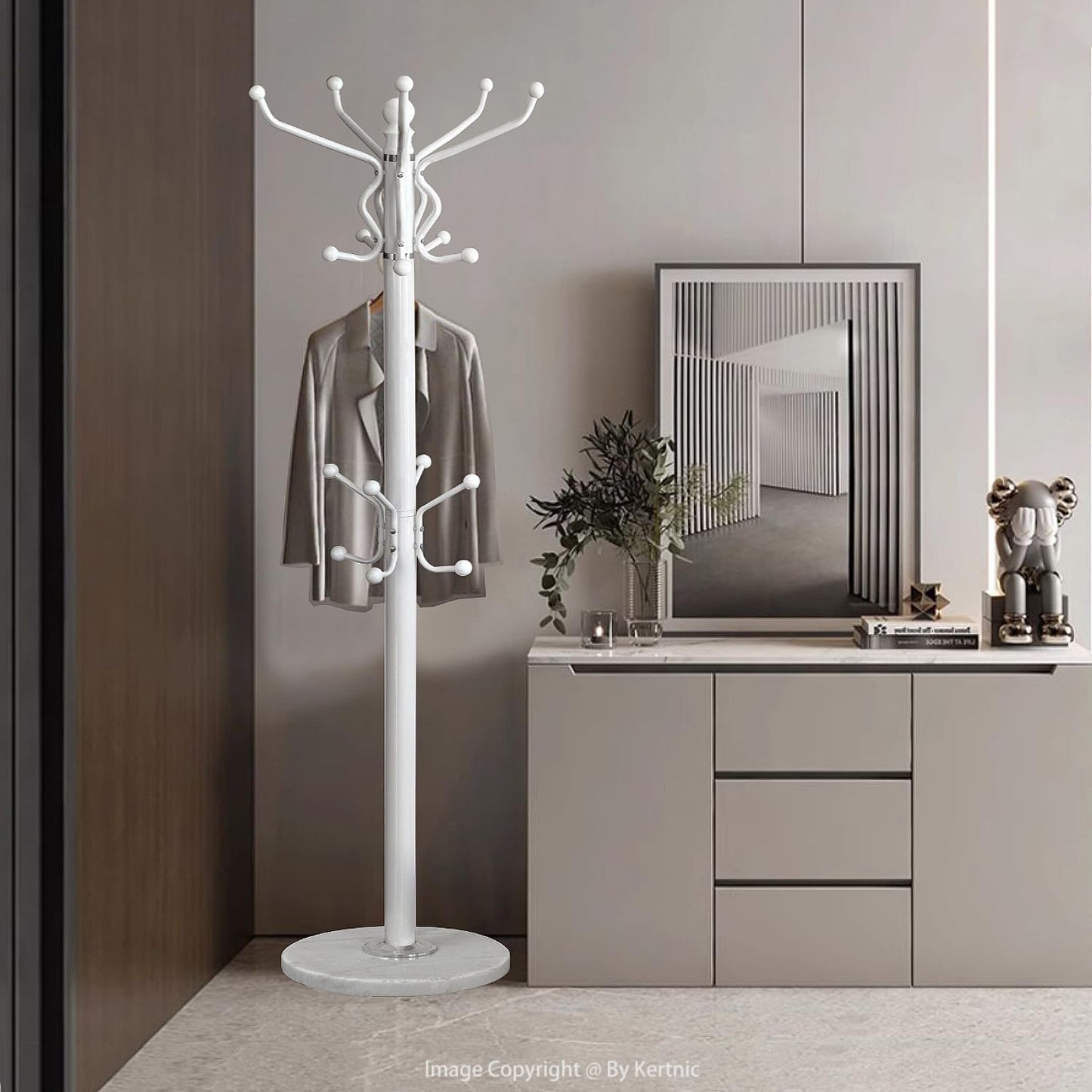 Kertnic Freestanding Coat Rack with 18 Hooks & Marble Base - Heavy Duty Metal Hall Tree Stand for Entryway, Hats, Coats, Bags Rack - Modern Hanger Organizer for Home, Office, Dorm (18 hooks -White)
