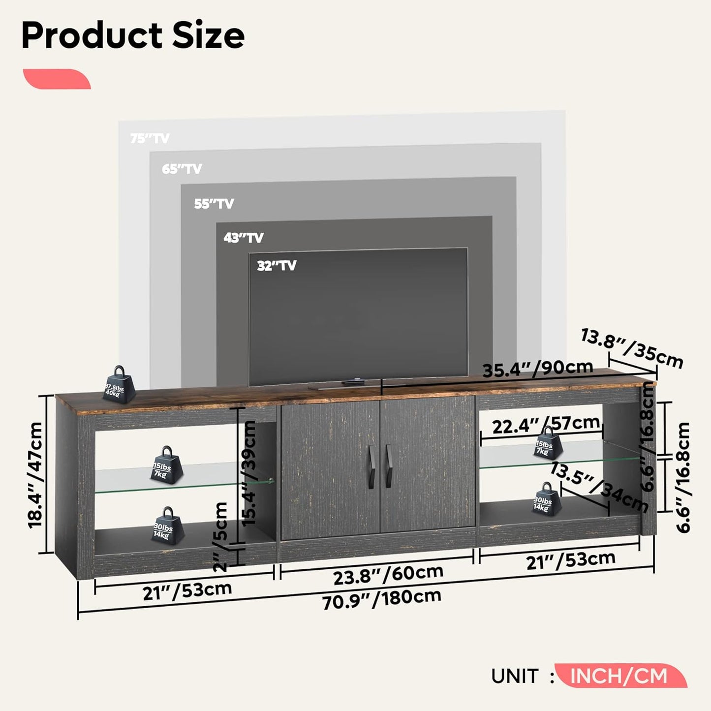 Bestier 70 Inch Led TV Stand for 75 Inch TV Large Entertainment Center Gaming with Adjustable Glass Shelves Two Cabinets Modern TV Console for Living Room 22 RGB Modes, Golden Black