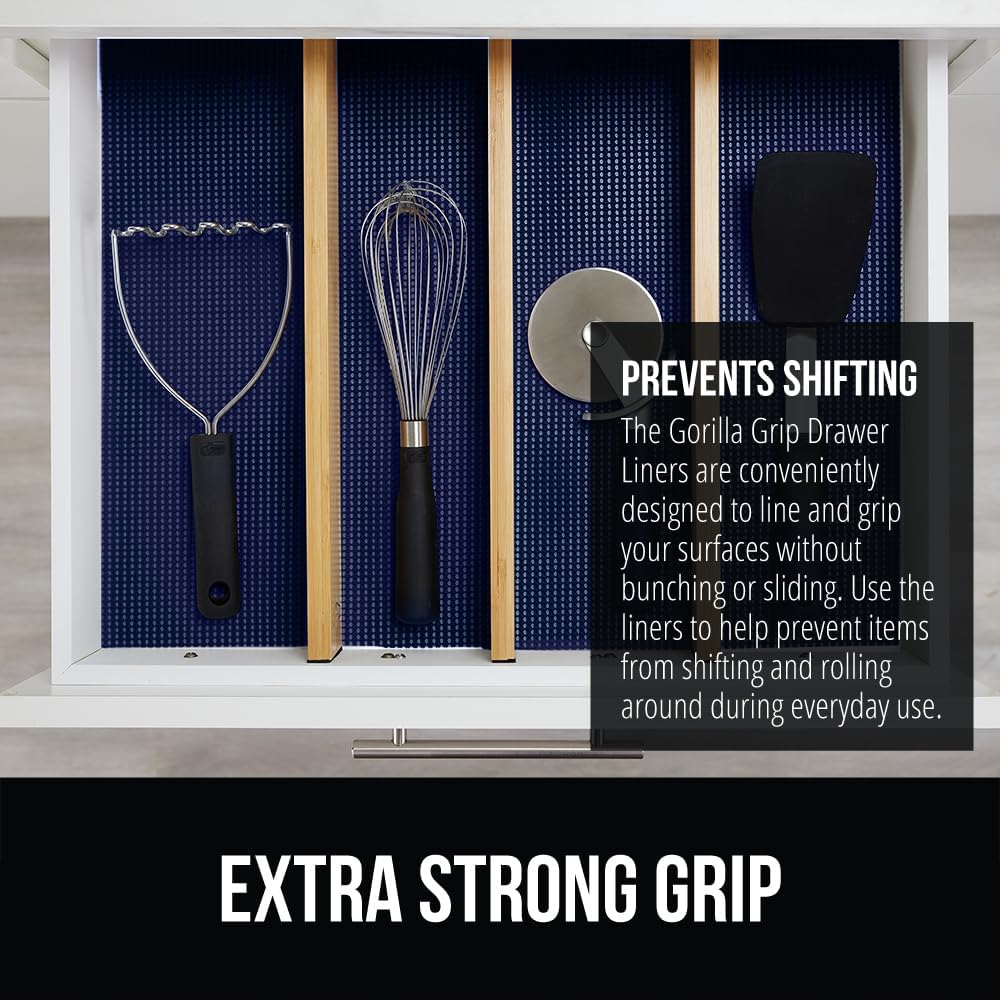 GORILLA GRIP powerGRIP Drawer Shelf and Cabinet Liner, Thick Strong Hold, Non-Adhesive Liners Protect Kitchen Cabinets and Cupboard, Bathroom Drawers, Easy Install, Breathable Mat, 12" x10', Navy Blue