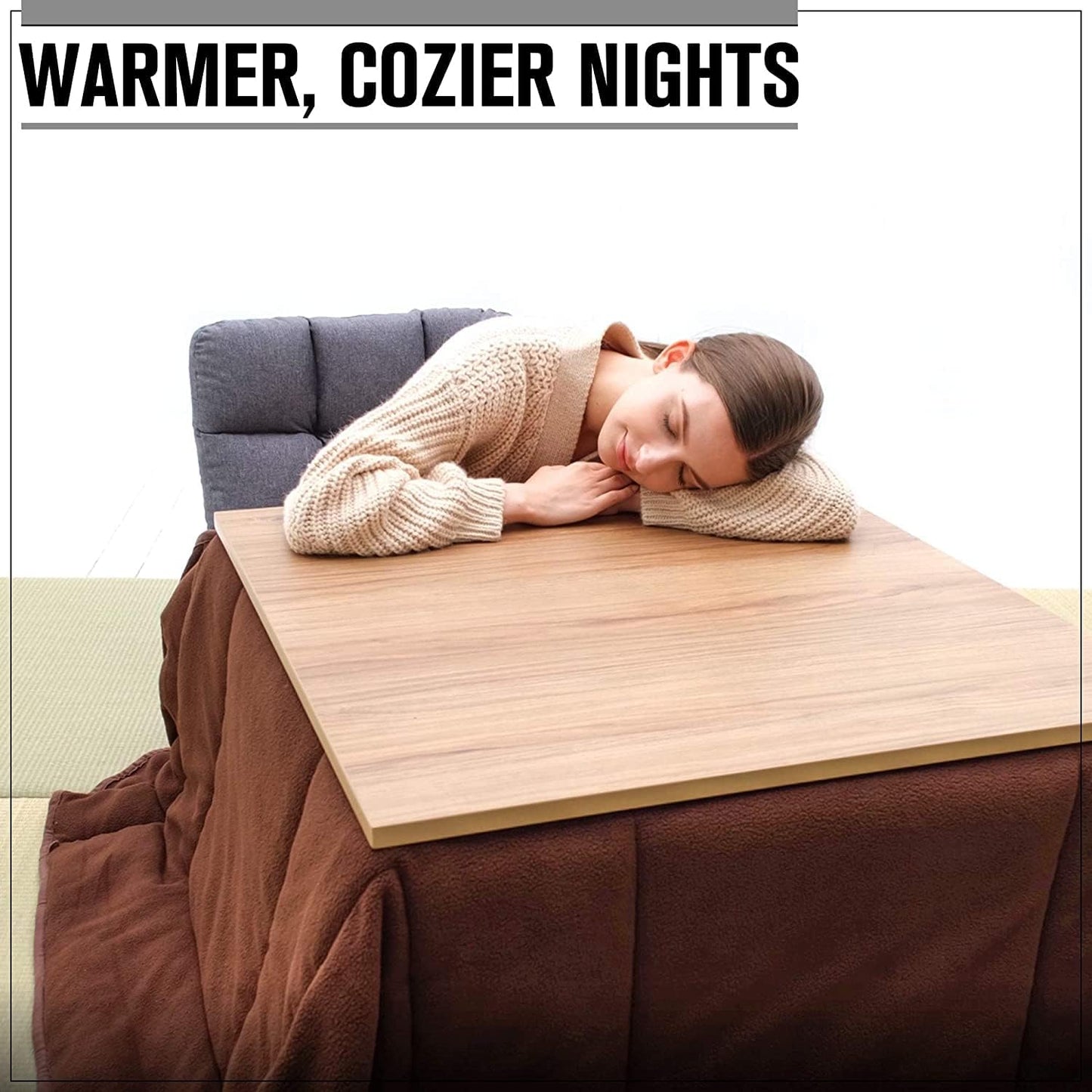 BJDesign Kotatsu - Japanese Heated Table - Wooden Chabudai Furniture with 120V Electric Heater - Low-Lying Dining and Work Desk with Temperature Control Knob (29x29in, Brown)