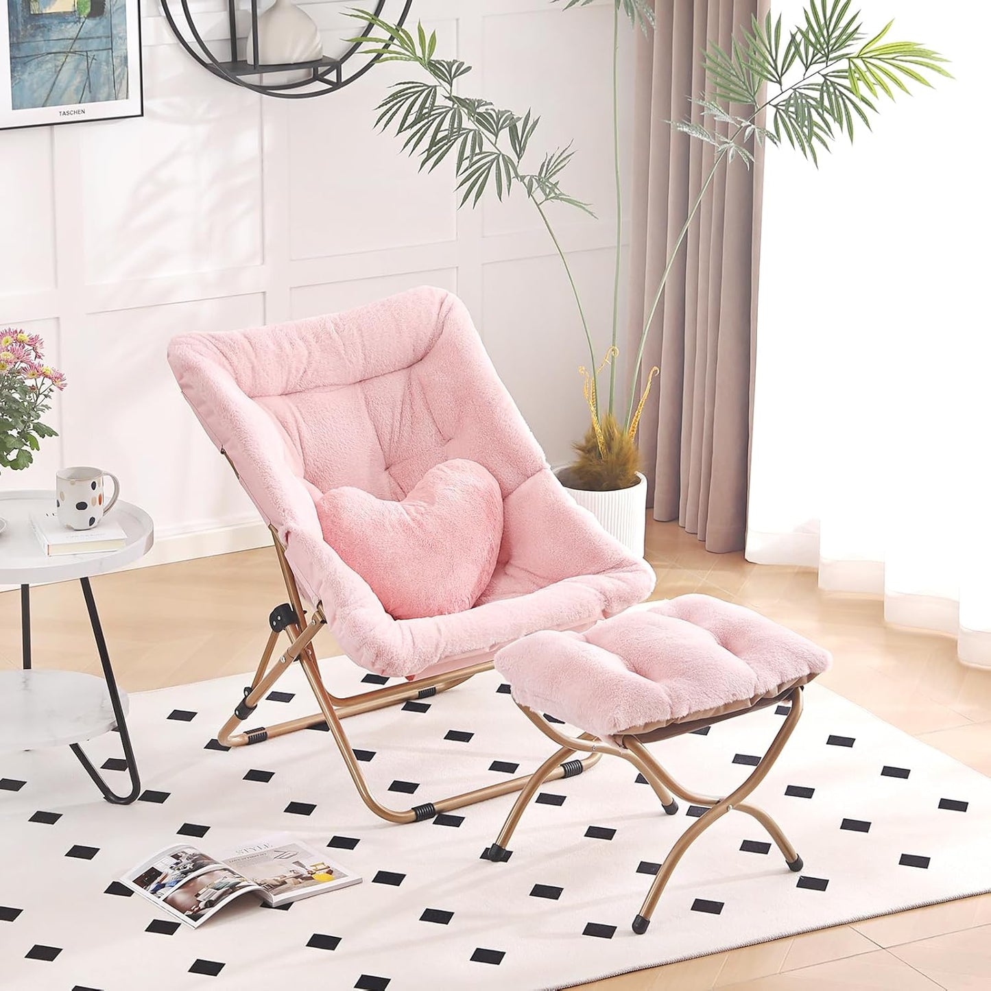Comfy Saucer Chair with Ottoman, Oversized Folding Faux Fur Chair Soft Furry Lounge Lazy Chair with Metal Frame Moon Chair Accent Chair for Bedroom, Living Room, Dorm Rooms
