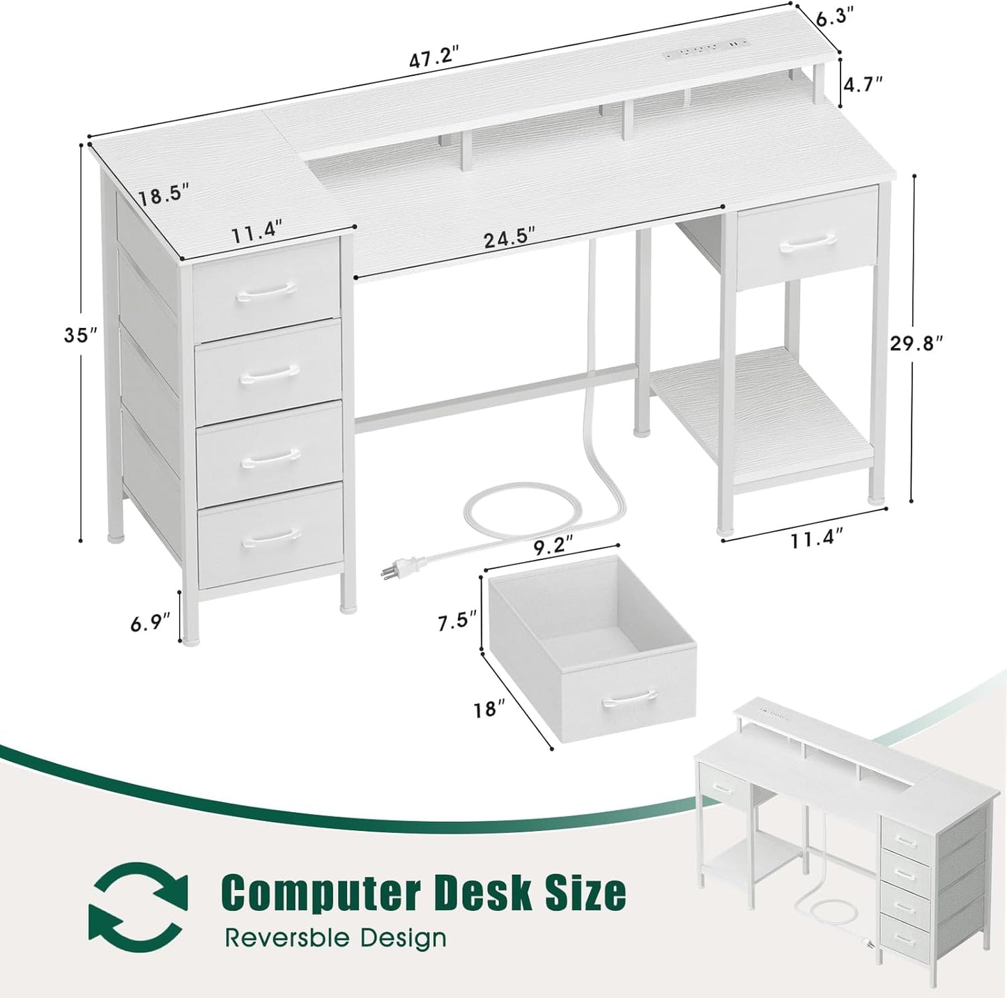 47 Inch Computer Gaming Desk with Power Outlets LED Lights Reversible Home Office with Adjustable Fabric Storage Drawers for Working Writing Study, White