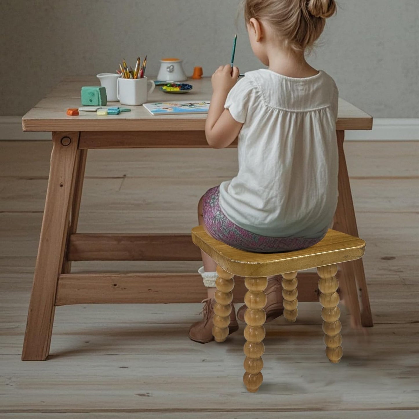 Solid Wooden Footstool 9.3 Inch - Short Stool for Kids & Adults, Sensory Table Helper - Sturdy Foot Stool for Bathroom, Kitchen, Bedroom, Natural Plant Stand, Toddler Helper (Nature)