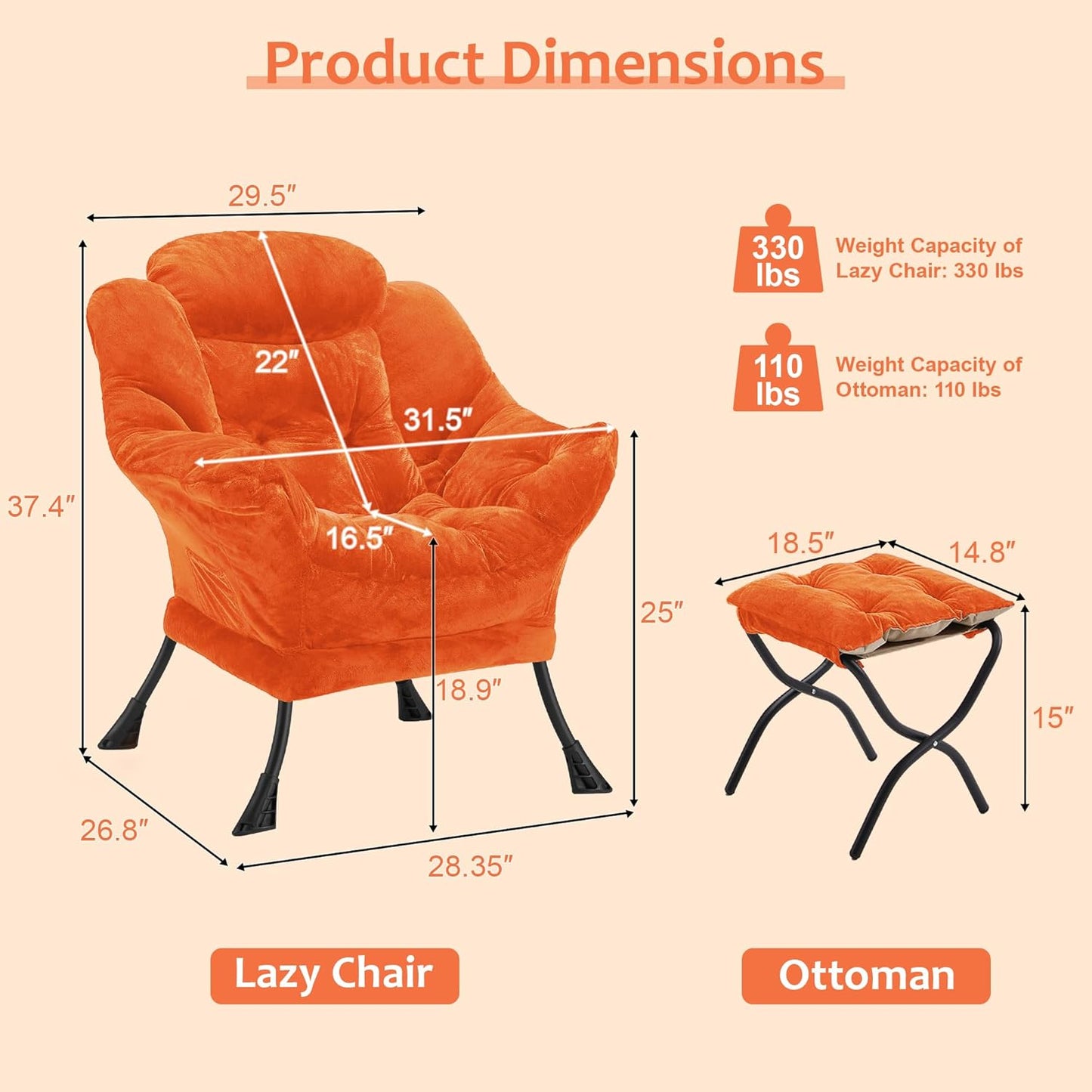 Fabric Lazy Chair with Ottoman, Oversized Upholstered Sofa Chair for Adults, Plush Comfy Lounge Chair with Large Side Storage Pocket, Reading Chair for Living Room, Bedroom, Office, Orange