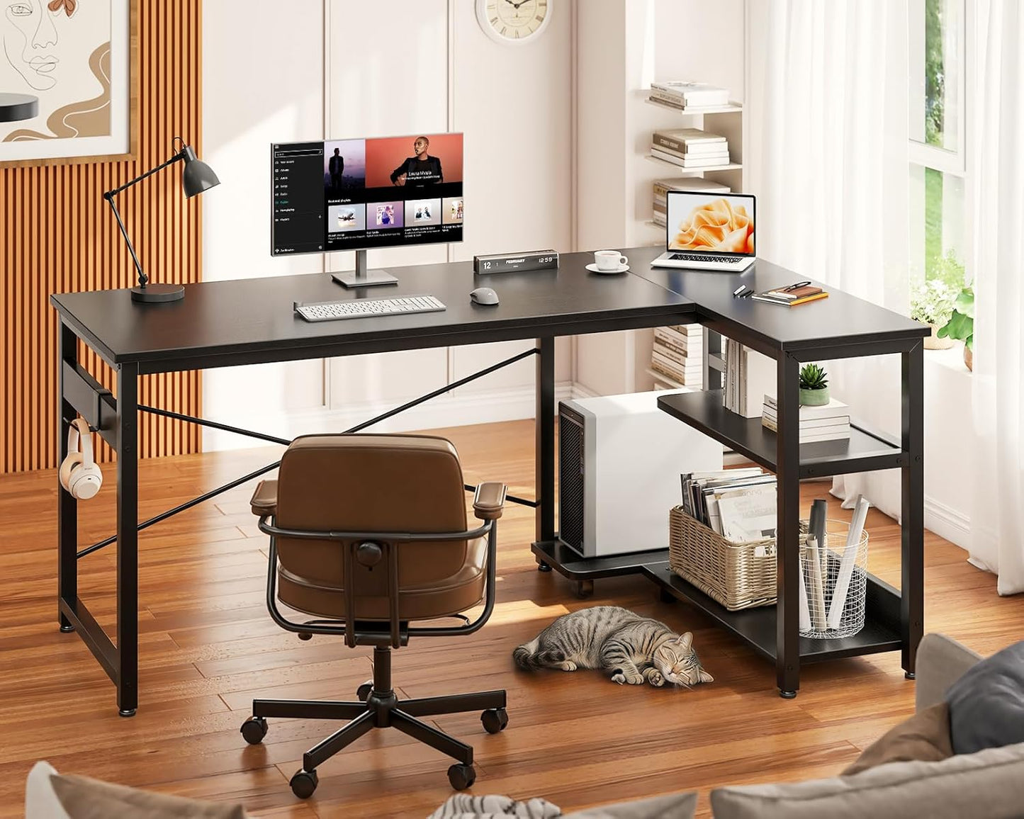 Casaottima L Shaped Computer Desk, 48 Inch Small Corner Desk with Storage Shelves & PC Stand, Reversible Gaming Desk for Bedroom, Modern Writing Study Table for Home Office, Black