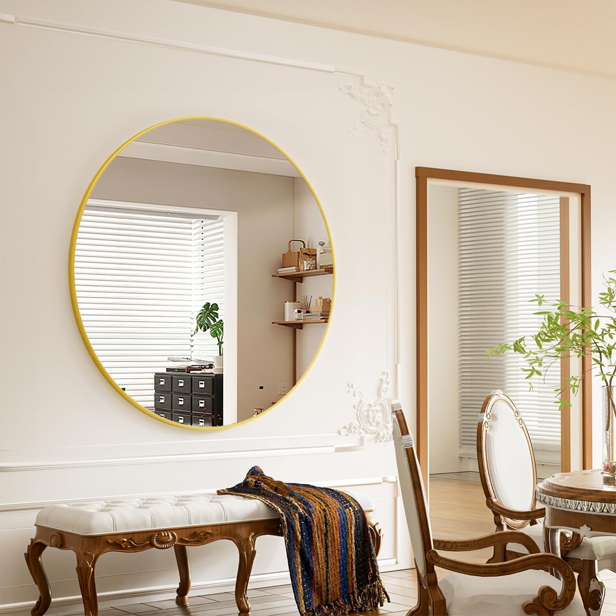 BEAUTYPEAK 42 Inch Round Mirror, Metal Frame Circle Mirror, Wall Mounted for Entryway, Bathroom, Vanity, Living Room, Gold