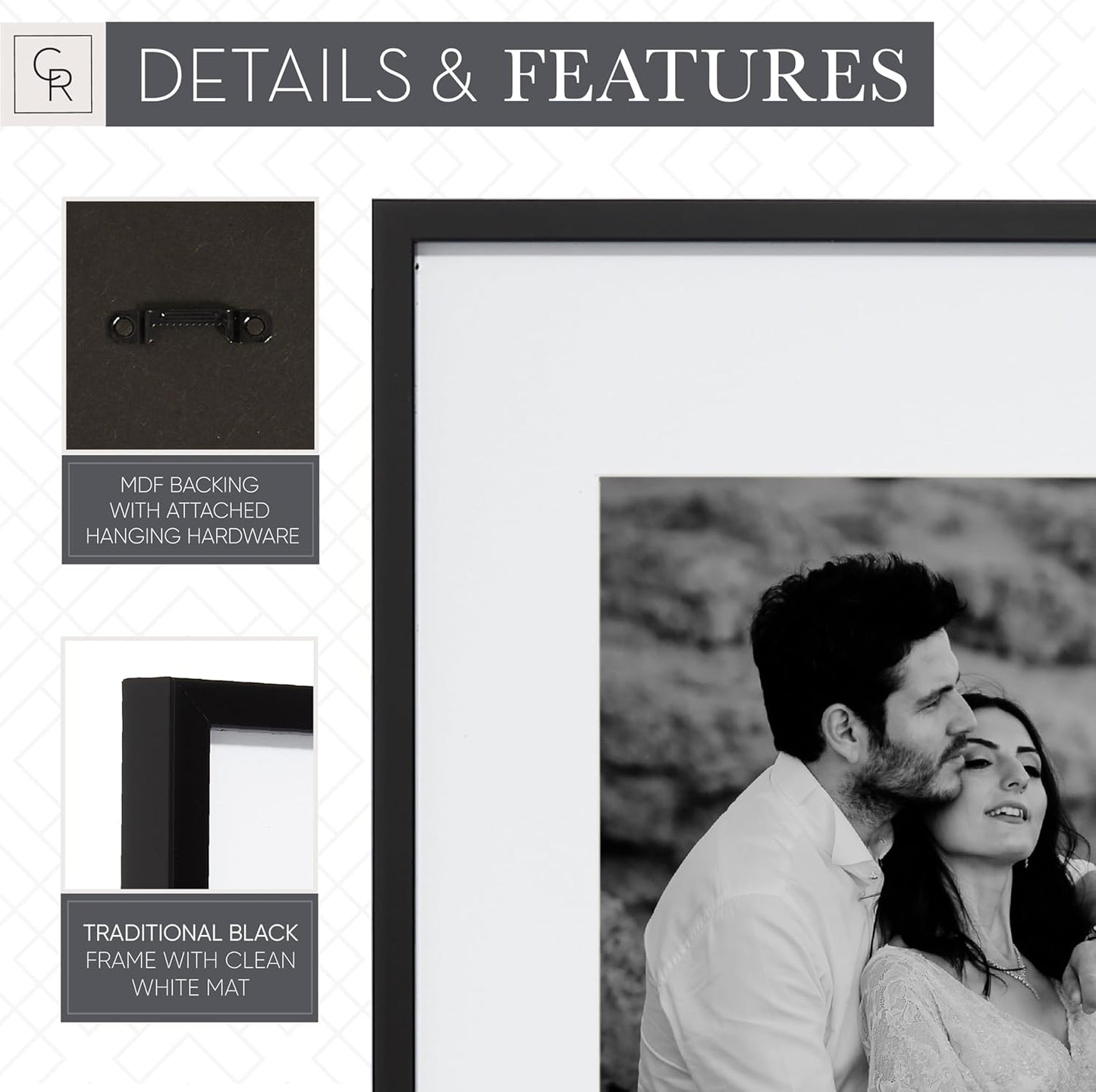 Camden Reed Arcadia 8 Piece Oversized Gallery Wall Frame, 11x14 and 11x11 inch matted frames for featuring 8x10 and 8x8 Inch Photographs or Art Prints, Black Finish