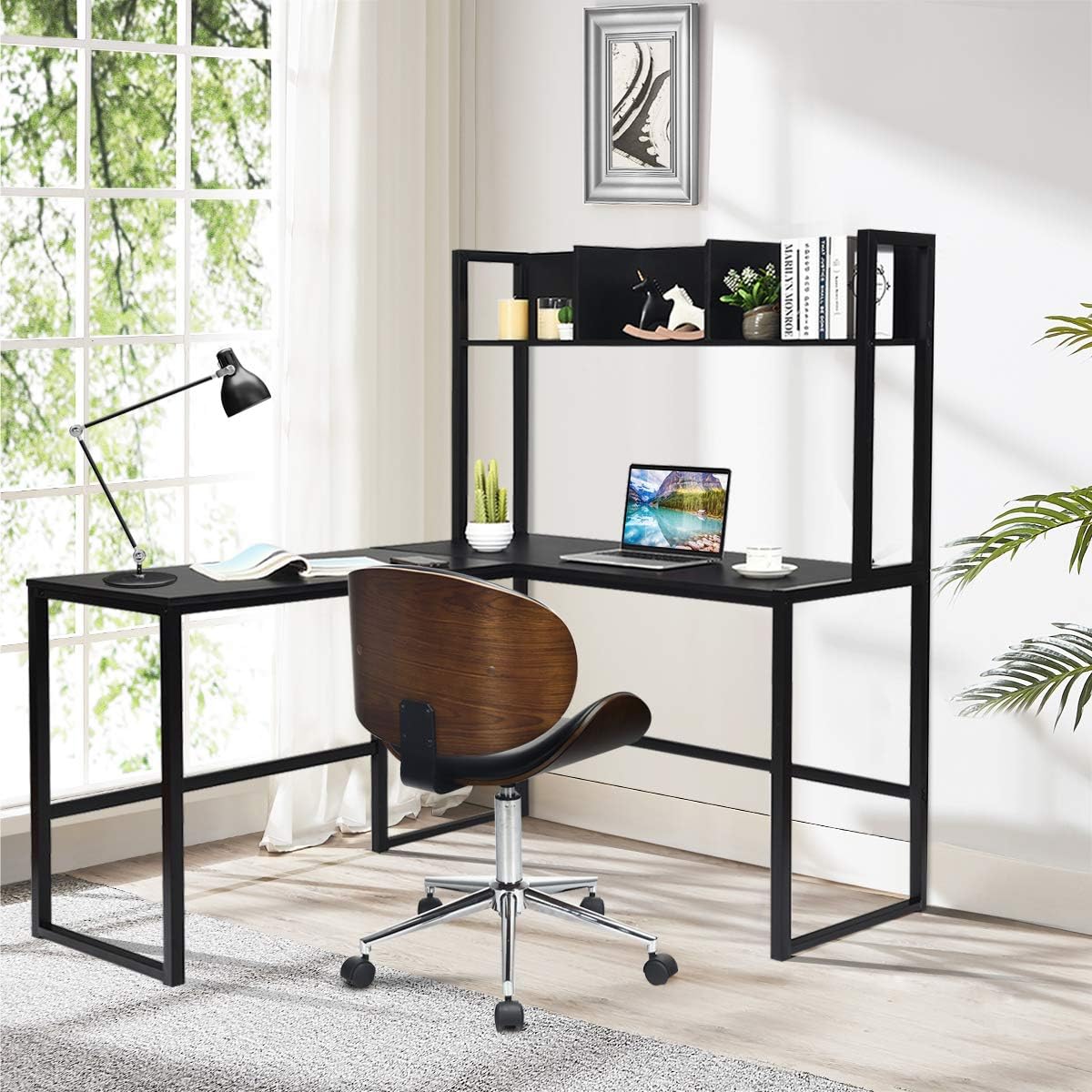 Tangkula Reversible L-Shaped Desk with Hutch, Space Saving Corner Computer Desk with Storage Shelves, Home Office Study Writing Desk Computer Workstation with Storage Bookshelf, Gaming Desk