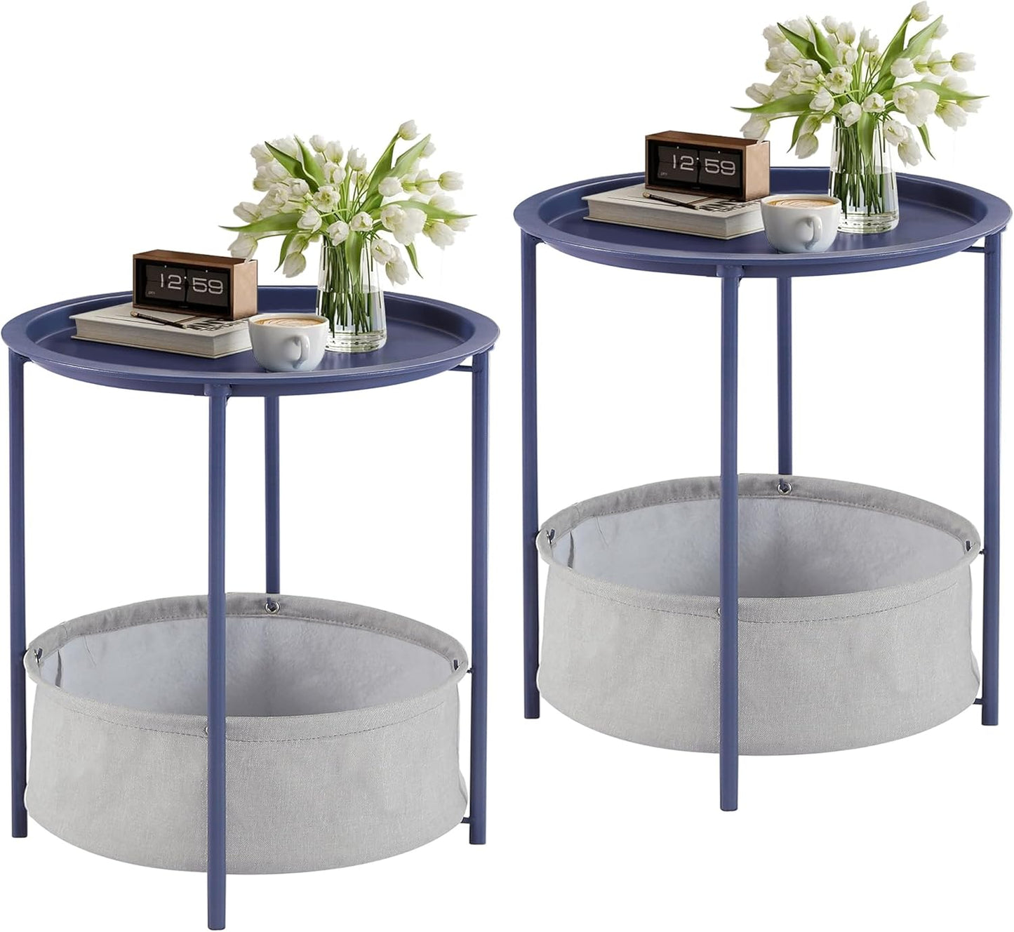 VECELO Round Side/End Table with Fabric Storage Basket，Metal Anti-Rust and Waterproof Small Bedside Nightstand with Removable Tray Top for Living Room，Balcony & Laundry，Blue /2pcs with Basket