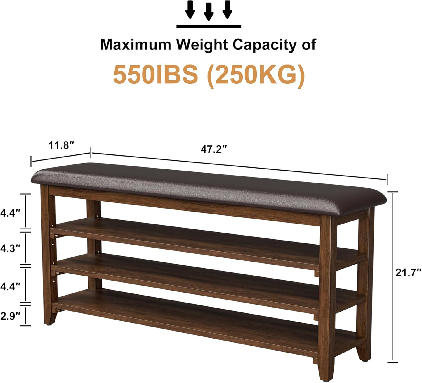 Wooden Shoe Bench Storage with Leather Cushion, Rustic Solid Wood Entryway Bench with 3-Tiers Height Adjustable, Shoe Rack Front Doors Entrances for Hallway Living Room,Mudrooms (Brown,47.2")