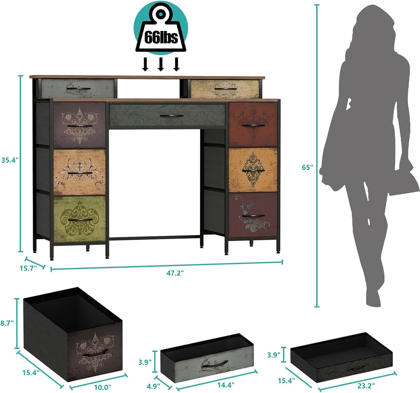 Dresser for Bedroom with 9 Drawers & 2 Open Shelves, Fabric Storage Cabinet, Chest of Drawers, Long Dresser for Closet, Wooden Top & Metal Frame, Pattern