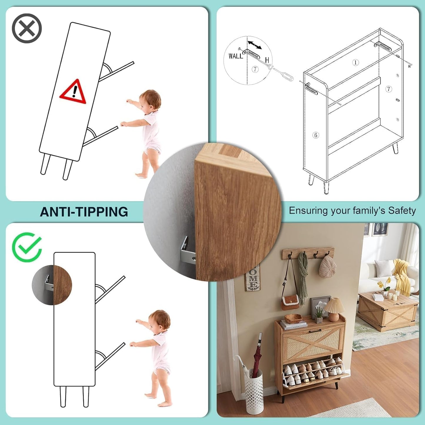 Shoe Storage Cabinet, Boho Shoe Organizer with 2 Flip Drawers & Rattan Design,Farmhouse Freestanding Hidden Slim Narrow Shoe Rack Cabinet for Entryway, Foyer,Hallway, Natural