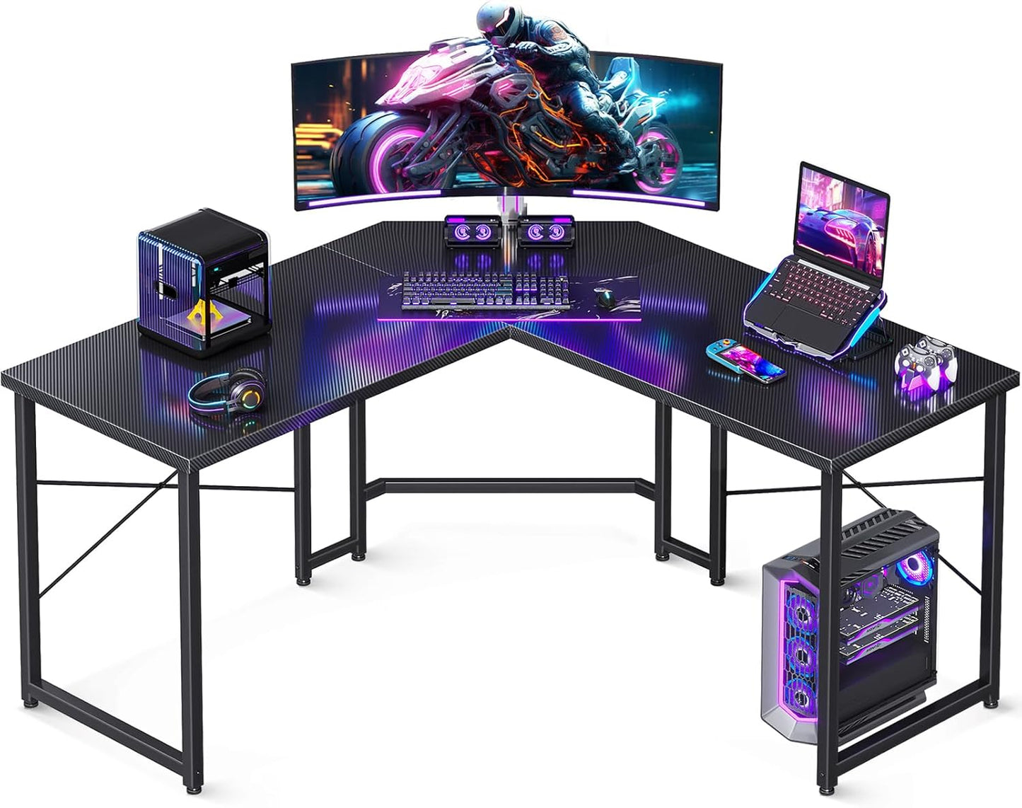 Casaottima L Shaped Gaming Desk, Corner Desk Gaming Table for Home Office, Computer Desk Sturdy Writing Workstation for Small Space, Easy to Assemble, 51 inch, Carbon Fiber Surface, Black