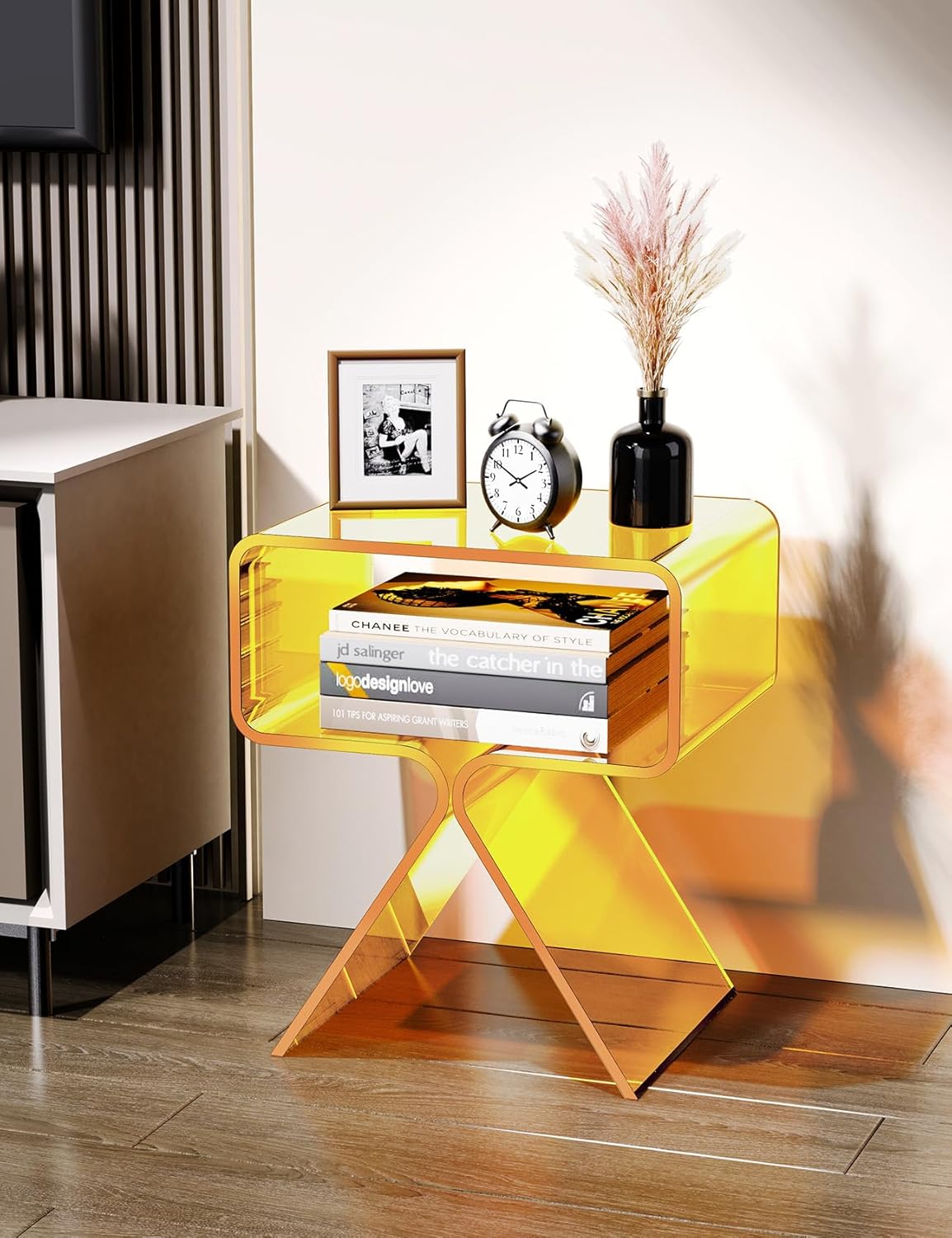 Acrylic Nightstand Side Table Modern Design Clear Home Decor Display End Table for Living Room (Yellow)