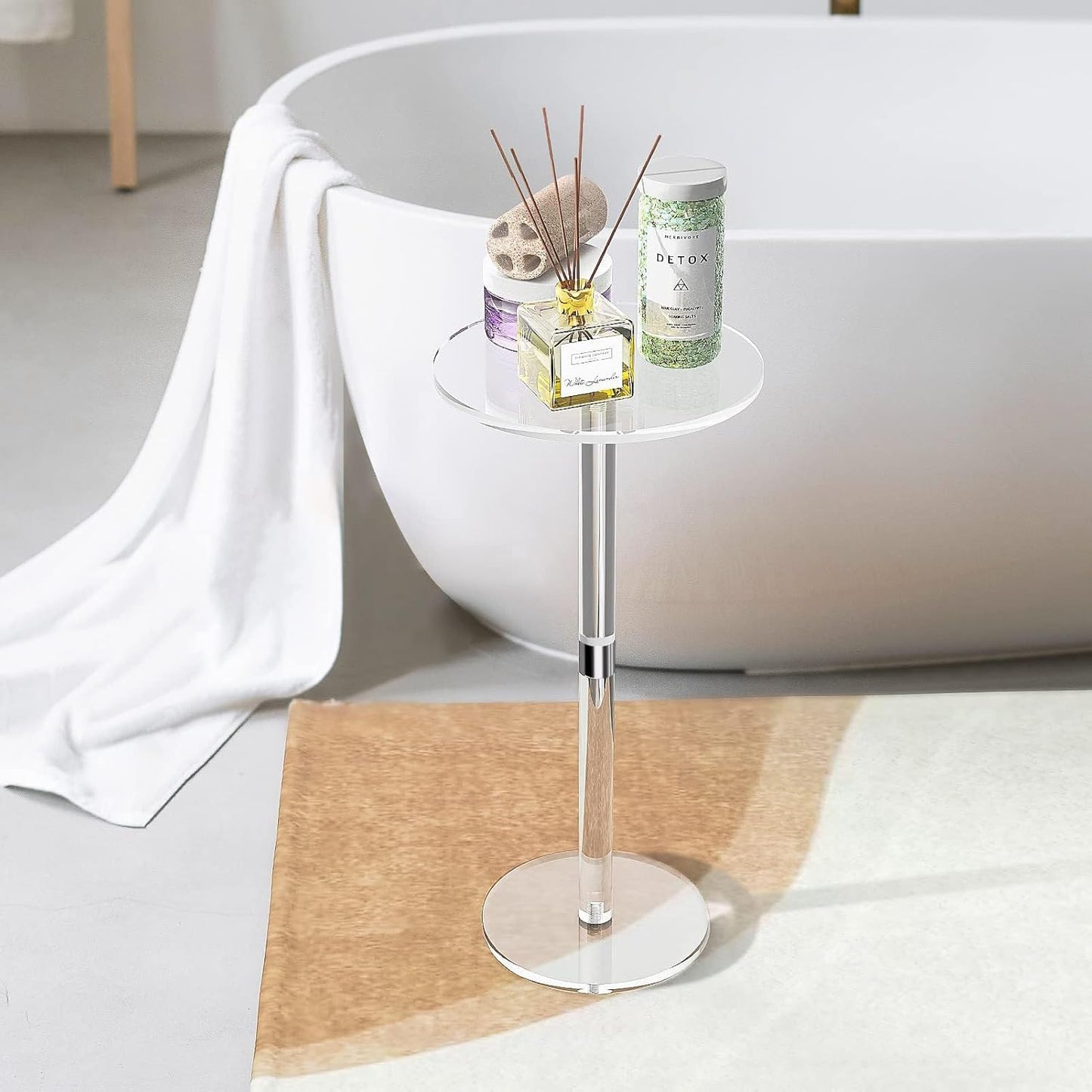 Small Drink Table,Acrylic Side Table, 10" L x 10" W x 21.3" H, End Table for The Living Room, Bedroom, Bathroom, Hallway and Balcony(Clear)