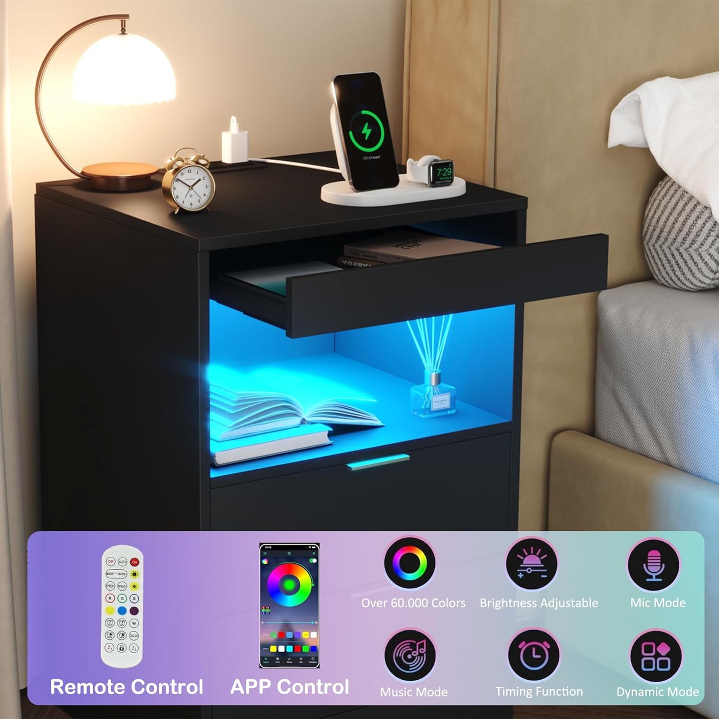 Gadroad LED Nightstand with Charging Station, Bedside Table with 3 Drawers and LED Lights, End Table Sofa Couch Side Table with Pull-Out Shelf, Black