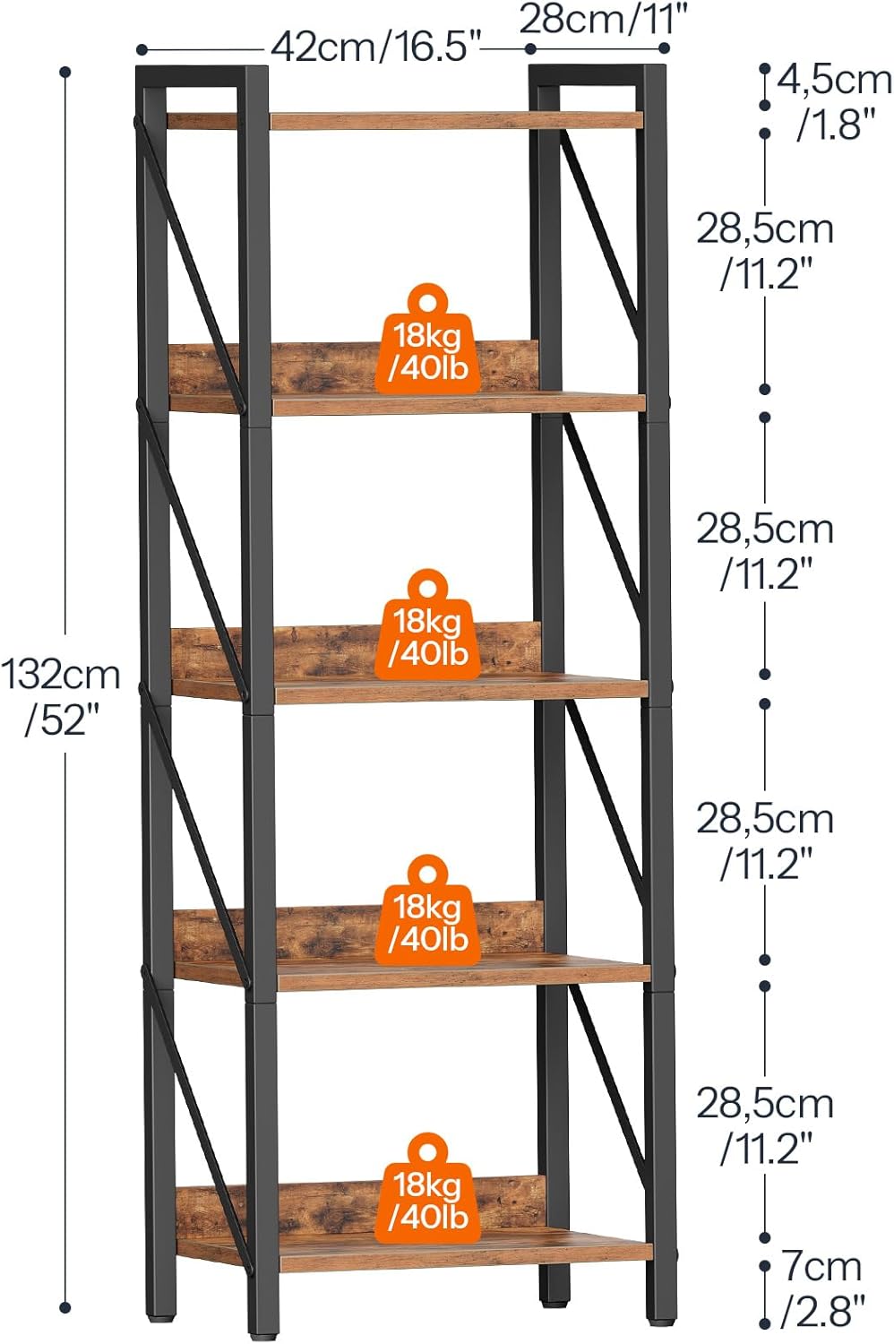 HOOBRO Bookshelf, 5-Tier Industrial Bookcase, Book Shelf Storage Organizer, Tall Bookshelf with Metal Frame for Living Room, Bedroom, Home Office, Kitchen, Rustic Brown and Black BF73SJ01