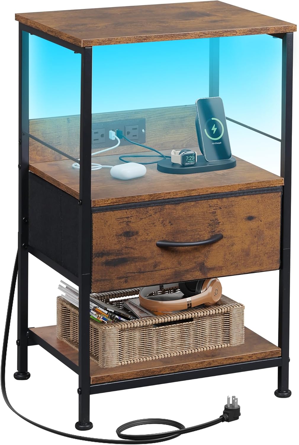 WLIVE Night Stand with Charger Station, LED Nightstand with Adjustable Fabric Drawer, 3-Tier Storage Bedside Table, Small End Side Tables for Bedroom, Rustic Brown