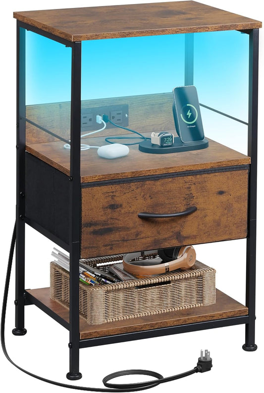 WLIVE Night Stand with Charger Station, LED Nightstand with Adjustable Fabric Drawer, 3-Tier Storage Bedside Table, Small End Side Tables for Bedroom, Rustic Brown