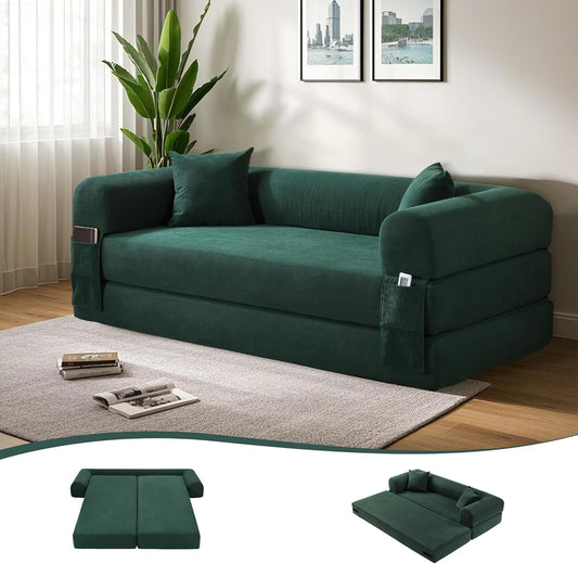 80" Convertible Sofa Bed, 3-in-1 Corduroy Folding Pull Out Couch with Pillows, No Assembly Modern Boneless Couch Compression Sofa in Box, Floor Sofa with Side Storage Pocket for Living Room,Dark Green