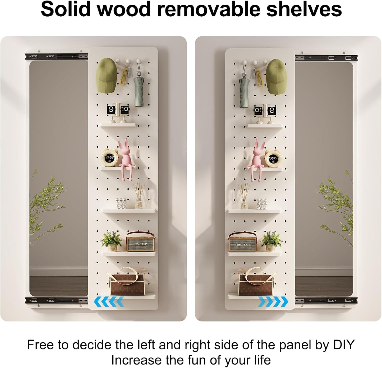 KungFuWood Full Length Mirror with Shelf and Hooks,Entry Way Mirrors for Wall,Wall Mirror with Shelf,Wall Mirror with Storage Multifunctional Design Panel,Living Room