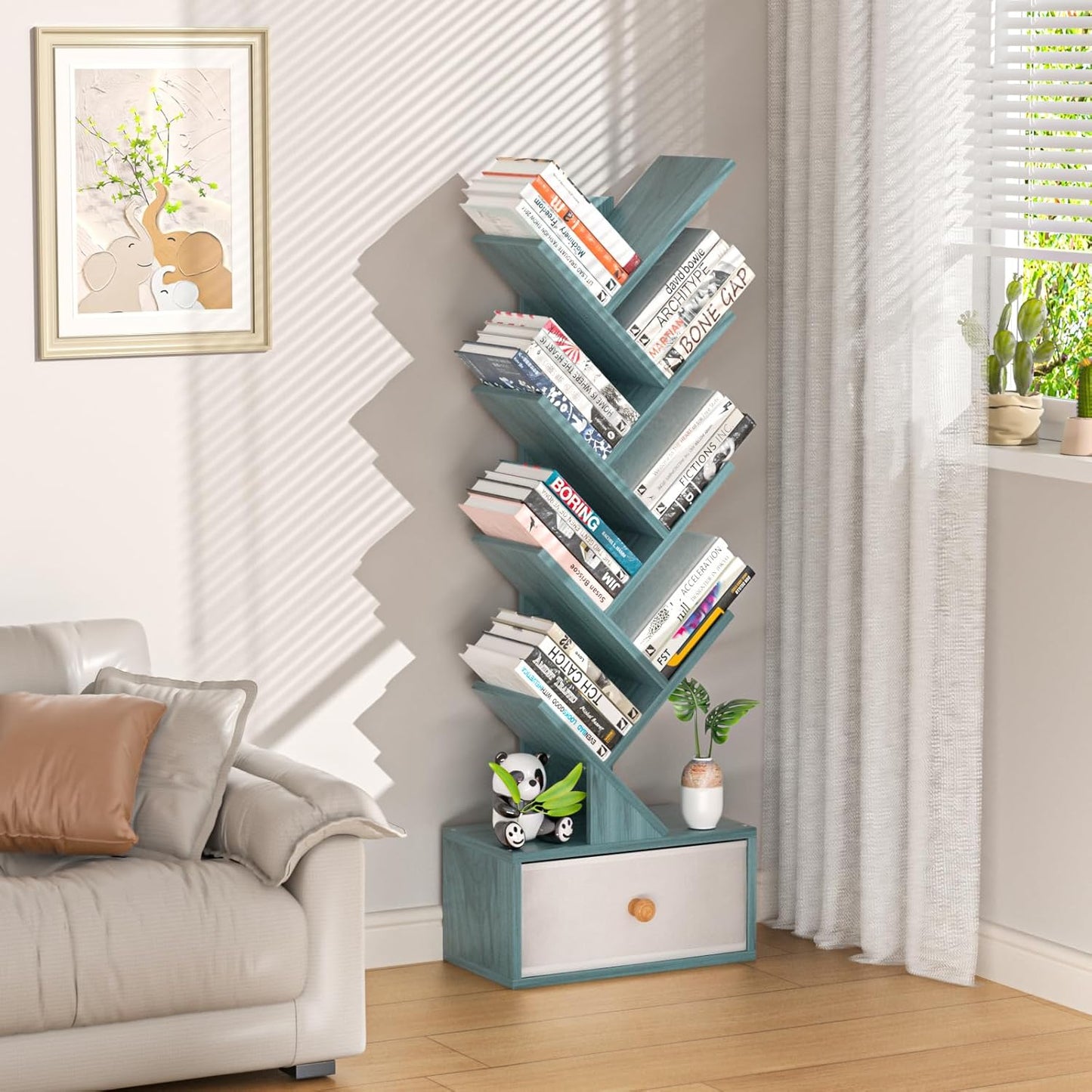 8 Tier Tree Bookshelf with Drawer, Free Standing Wood Bookcase for Narrow Space, Storage Organizer Bookshelves for Books, Book Case for Home Office, Living Room, Bedroom, Navy Blue