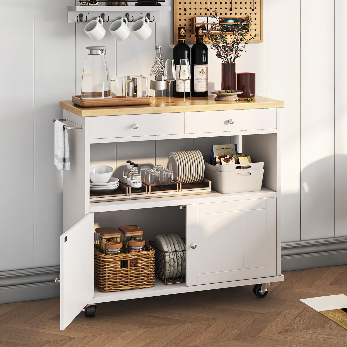Rolling Kitchen Island with Storage Cabinet, 35.4'' Width Kitchen Cart, 2 Drawers Island Table, Portable Mobile Kitchen Island with Towel Rack, Wood Top and Lockable Wheels, White