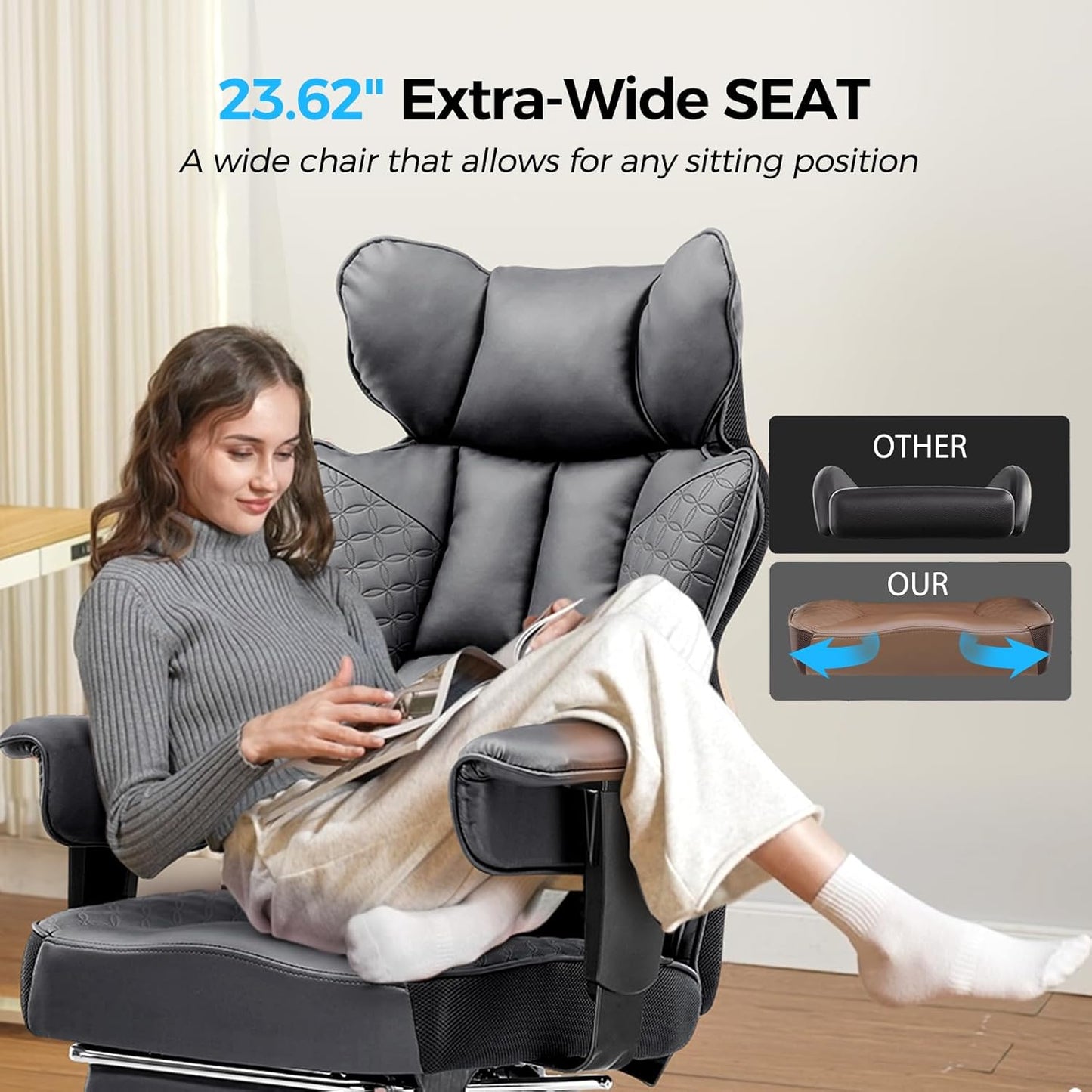 GTRACING Big and Tall Gaming Chair 400lbs Heavy Duty Office Chair with Foot Rest & Ergonomic Pocket Spring Lumbar Support, High Back 3D Saddle Shaped Cushion for Back Pain Relief, Grey