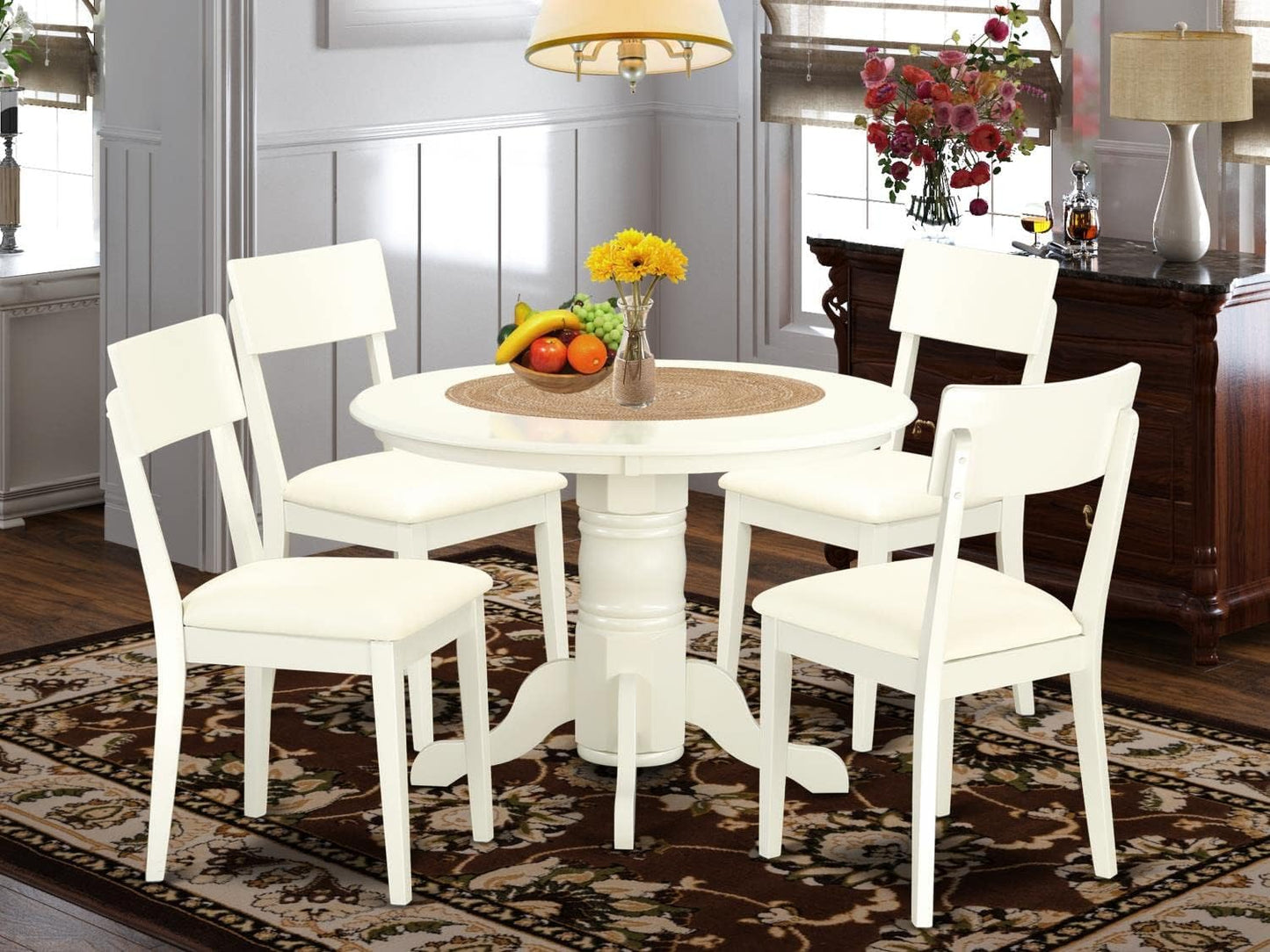 East West Furniture SHAD5-LWH-LC 5 Piece Kitchen Table & Chairs Set Includes a Round Dining Room Table with Pedestal and 4 Faux Leather Dining Room Chairs, 42x42 Inch, Linen White