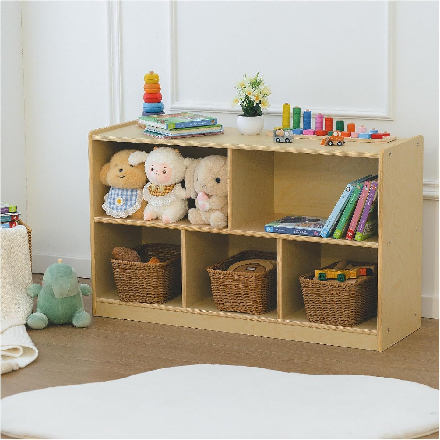 Kids Bookshelf and Toy Storage Shelf, Wooden Montessori Bookshelf, 2-Tier Toy Shelf with 5 Cubby, Classroom Furniture, Birch Children Bookcase, Book Shelf for Kids Room, Nursery, Playroom