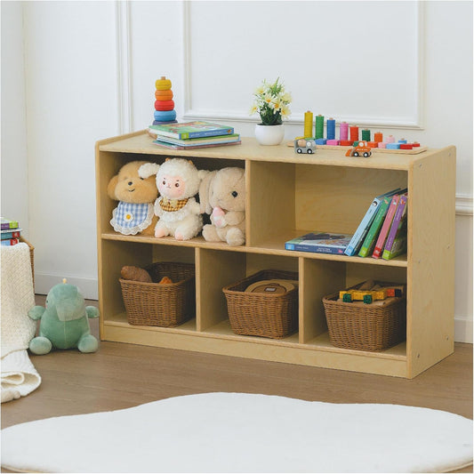 Kids Bookshelf and Toy Storage Shelf, Wooden Montessori Bookshelf, 2-Tier Toy Shelf with 5 Cubby, Classroom Furniture, Birch Children Bookcase, Book Shelf for Kids Room, Nursery, Playroom