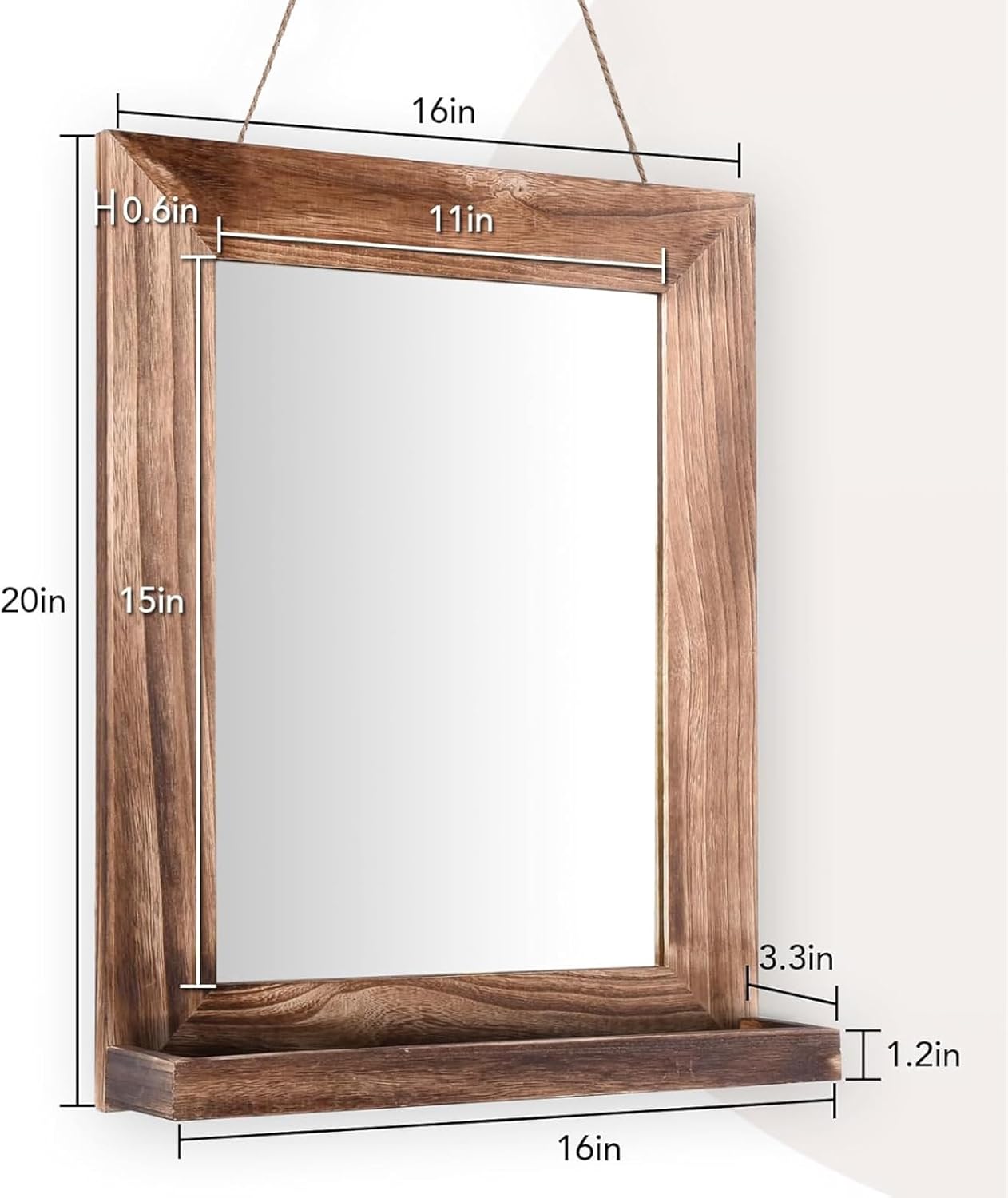 QDSSDECO 16"×20" Wall Mirror with Shelf Farmhouse Decor Rectangular Mirror Hanging for Bathroom, Vanity, Bedroom, Entryway, Living Room,Brown with Hemp Rope