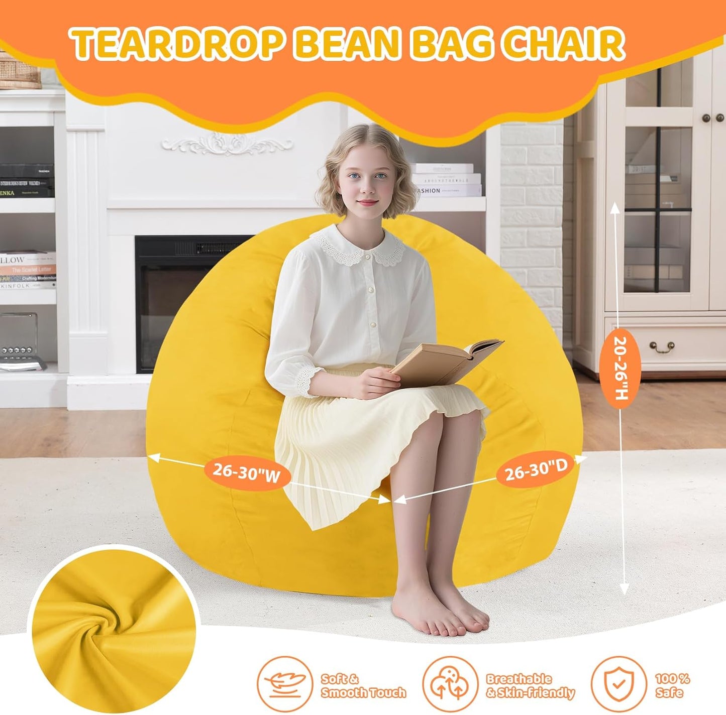 2FT Bean Bag Chair, Comfy Bean Bag Chairs with Memory Foam Filled, Fluffy Beanbag Sofa with Dutch Velvet Cover, Teardrop BeanBag Chairs for Living Room, Playroom - Lemon