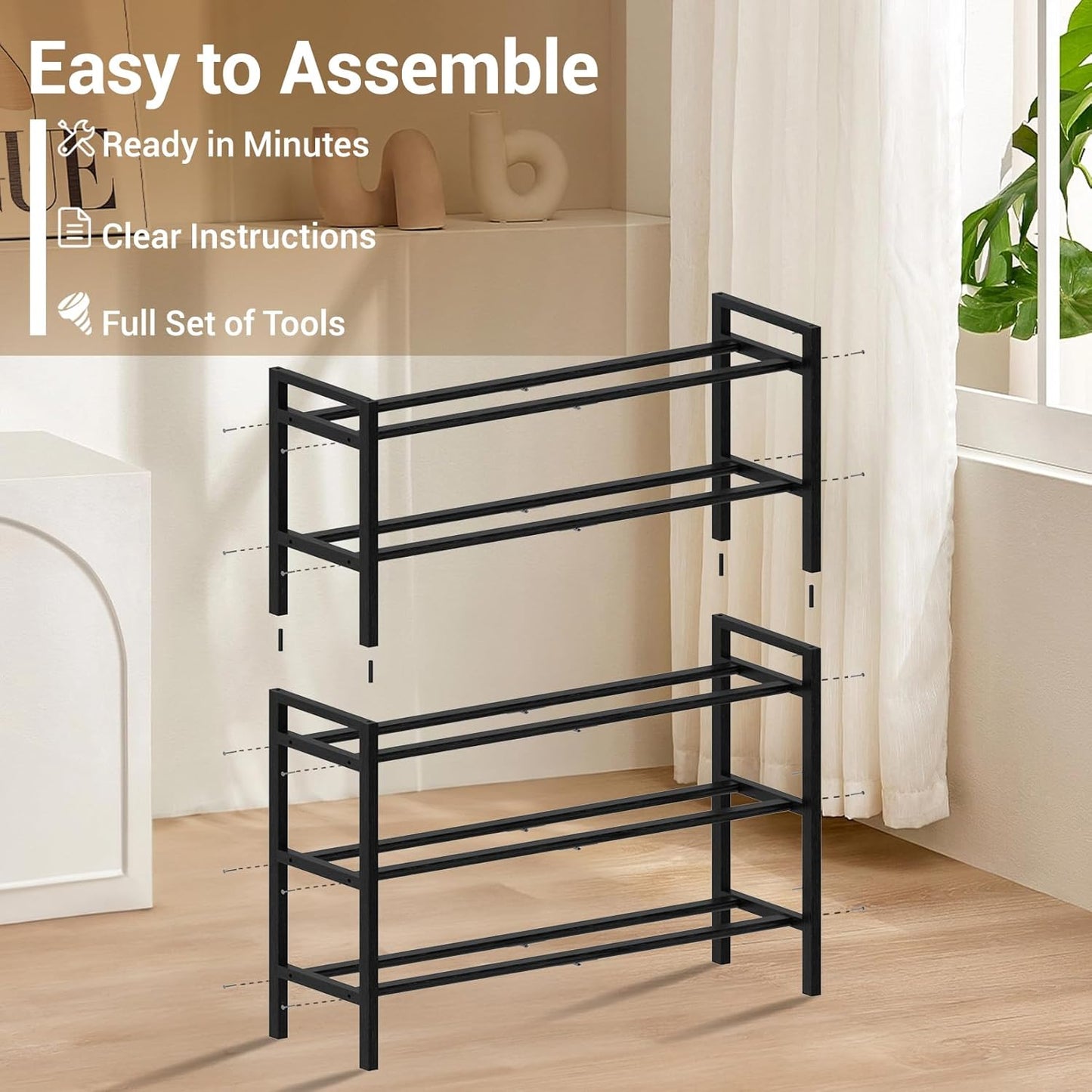 Haddockway Bamboo Shoe Rack for Closet, Free Standing Shoe Organizer with Smooth Round Rods & Convenient Handles, Stackable Shoe Storage Shelf for Entryway, Hallway(Black, 5-Tier)