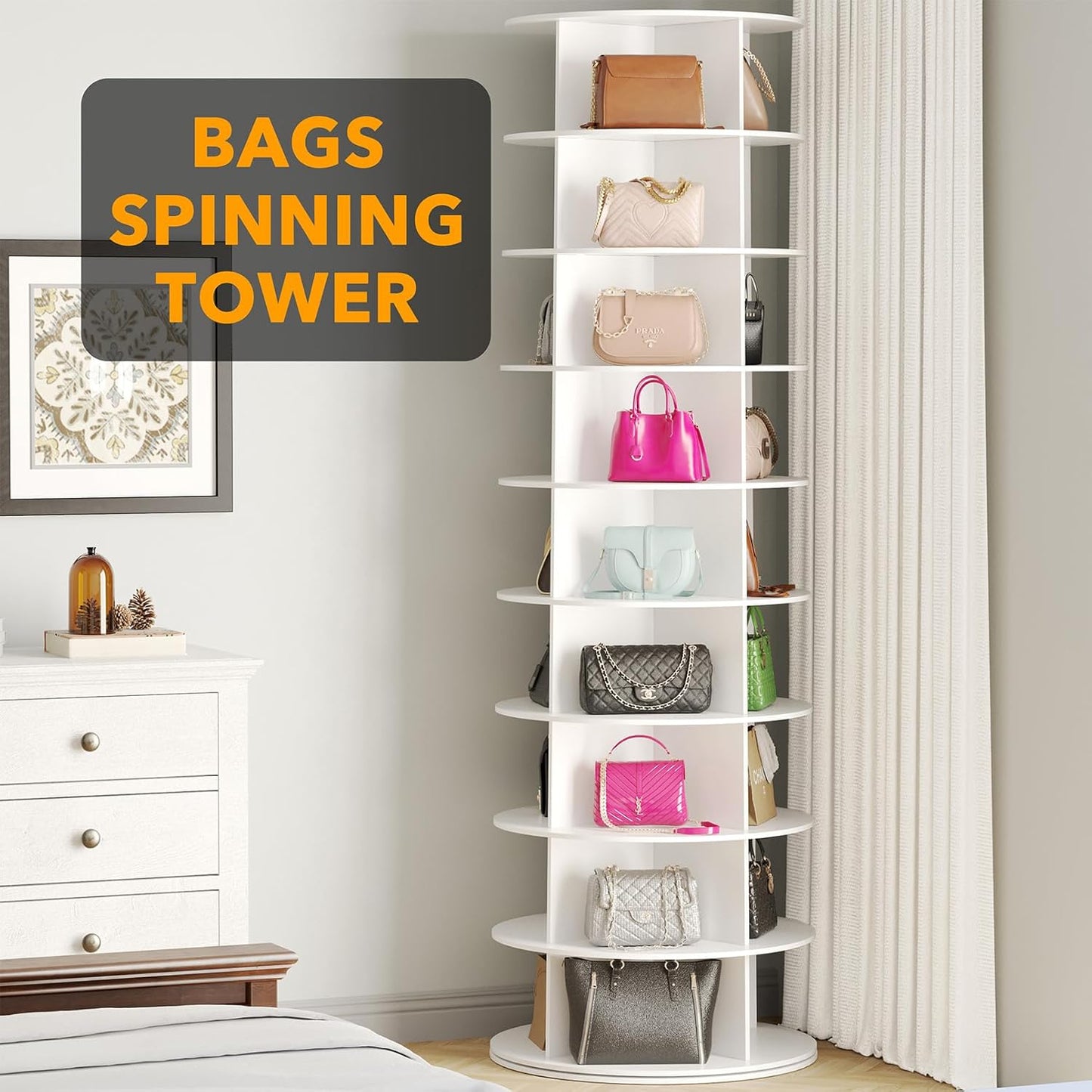 SpaceAid 9 Tier Rotating Shoe Rack Tower, Spinning Shoe Display Lazy Susan, Revolving 360 Shoe Rack Storage Round Carousel, Vertical Handbag Rotate Shoes Closet Organization (9-Tier White)