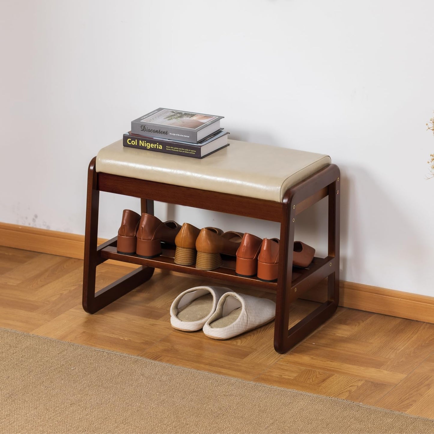 Solid Wood Shoe Bench, 2-Tier Entryway Bench with Cushion and Flip-Open Storage Box, Mid-Century Modern Shoe Bench Rack for Hallway, Mudroom(Gray, 21.65'')