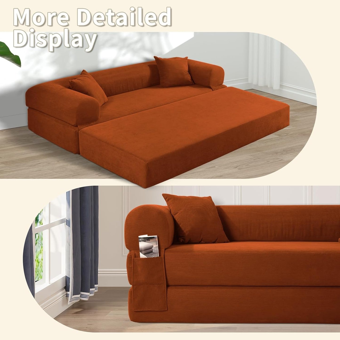 80" Convertible Sofa Bed, 3-in-1 Corduroy Folding Pull Out Couch with Pillows, No Assembly Modern Boneless Couch Compression Sofa in Box, Floor Sofa with Side Storage Pocket for Living Room, Orange