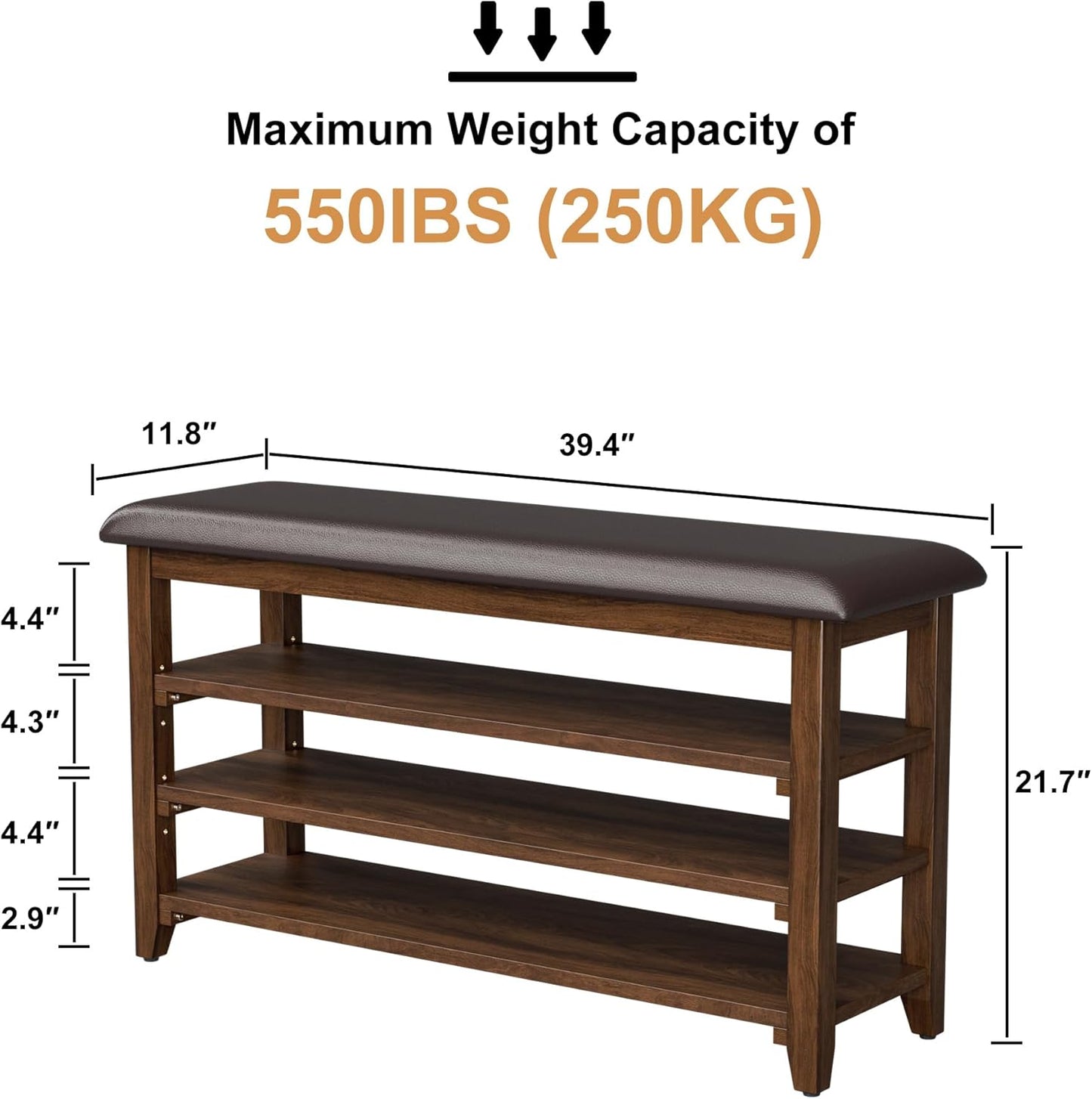 Shoe Bench Storage Rubberwood with Leather Cushion, Entryway Bench with 3-Tiers Height Adjustable, Shoe Rack Front Doors Entrances for Hallway Living Room,Mudrooms (Brown,39.4")