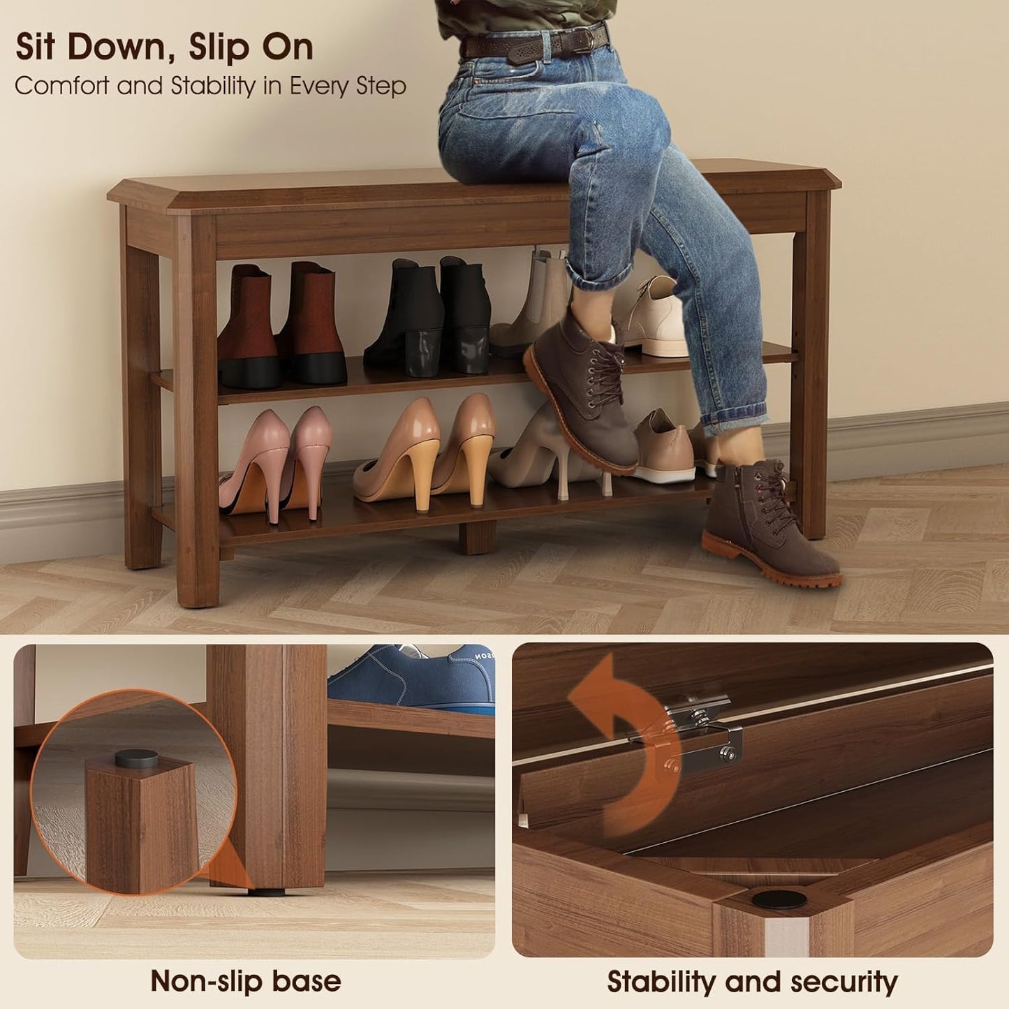 Shoe Rack for Front Door Entrance, Solid Wood Shoe Bench for Closet, Holds Up to 550lbs, Shoe Rack Bench for Entryway, Mudroom, Hallway