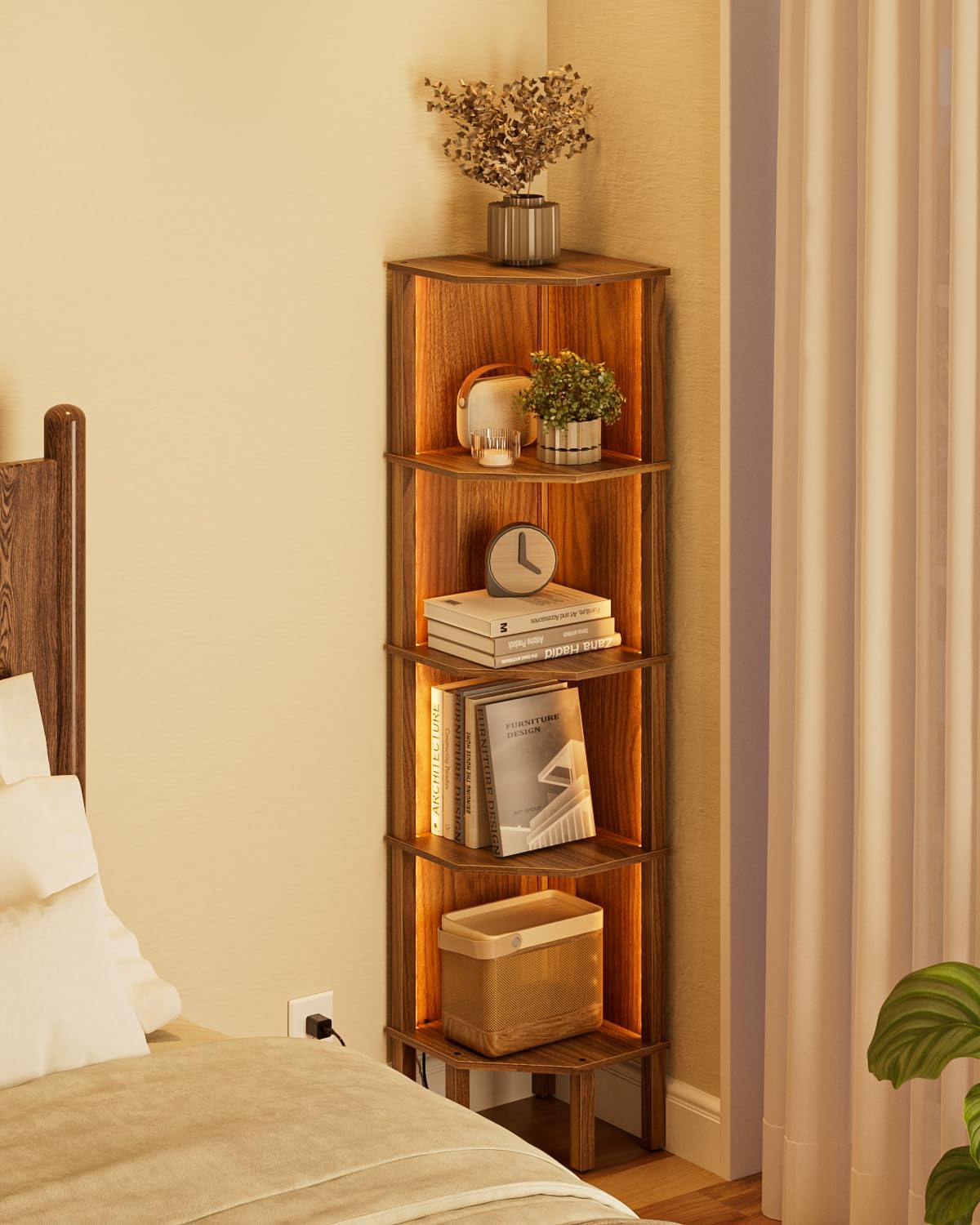 Corner Shelf, 5 Tier Corner Bookshelf with LED Light,Wall Display Corner Shelf Stand with Storage Rack for Living Room,Bedroom,Office,Walnut