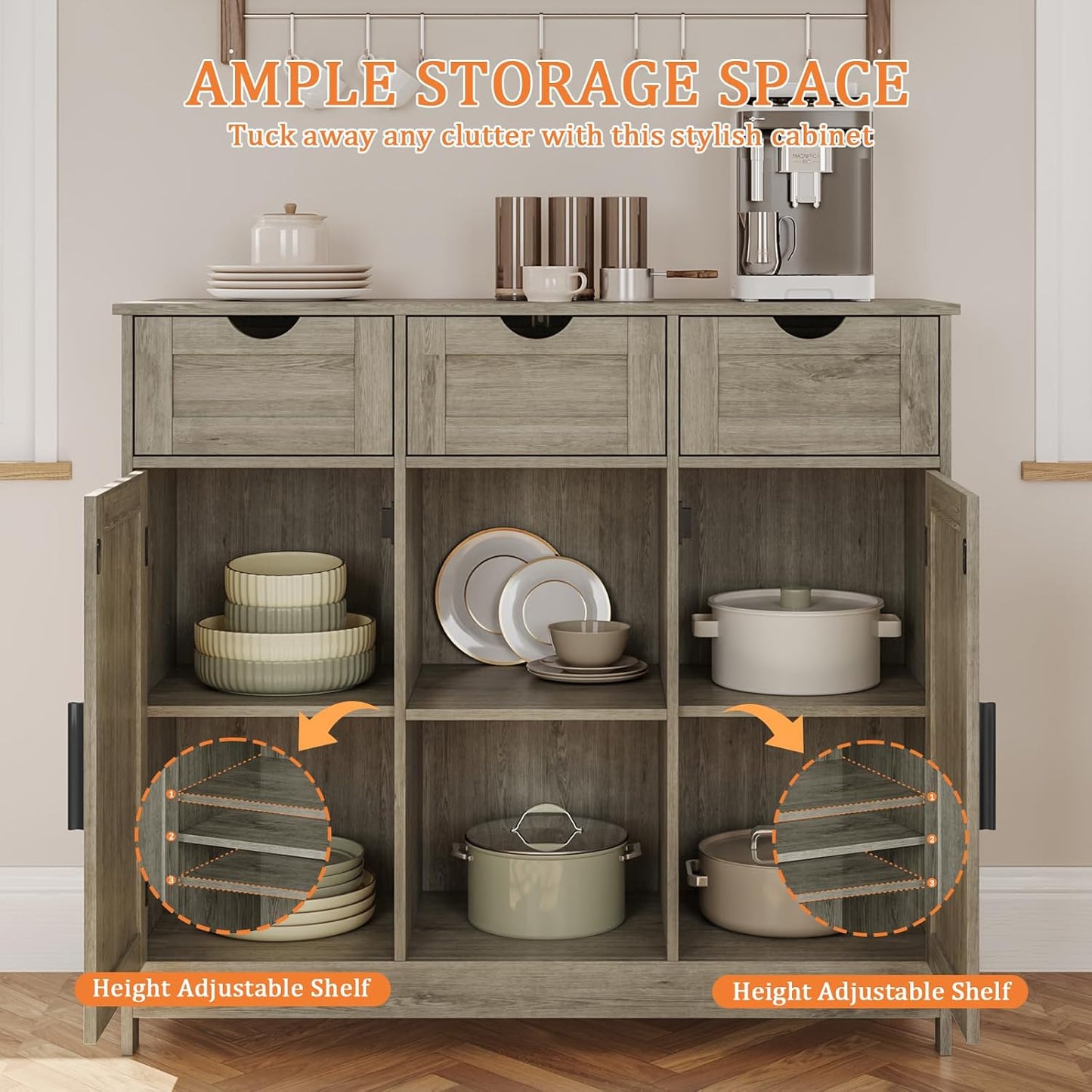 Storage Cabinet, Coffee Bar Cabinet with 2 Adjustable Shelves, 3 Drawers, and 2 Doors, for Bathroom, Kitchen, Living Room (Gray)