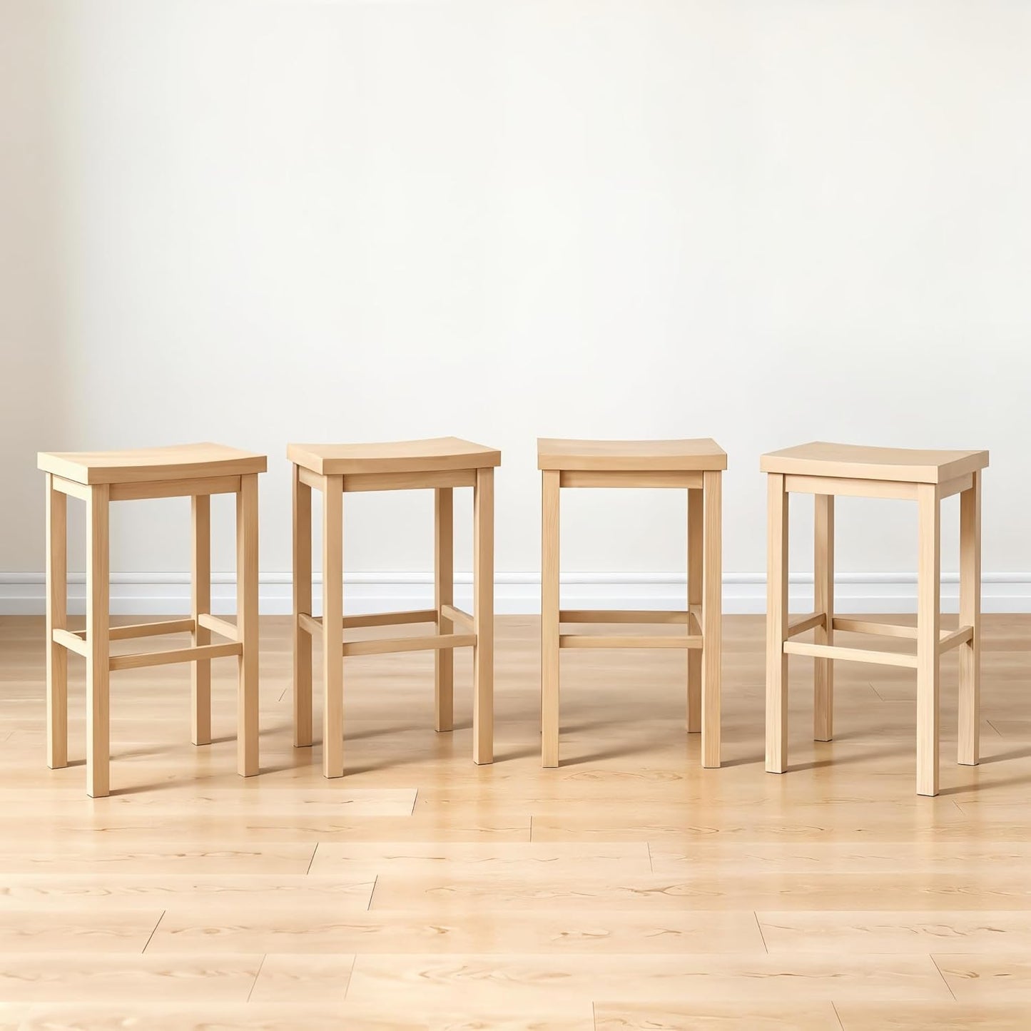 Grain & Grove Smith Collection Set of 4 Solid Wood Bar Stools, 30 inch Saddle-Seat Bar Chairs, Backless, Heavy-Duty Construction, Footrest Support, for Kitchen Islands, Home Bars, and Counters, Blonde