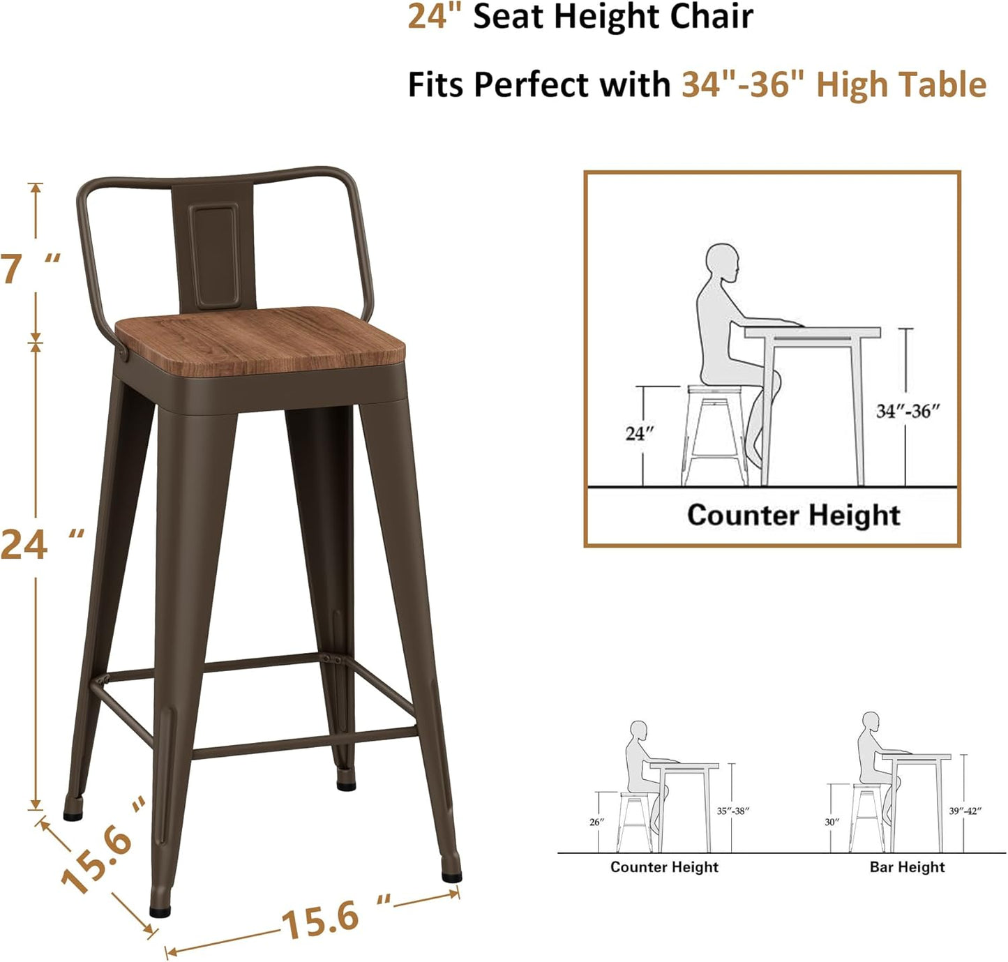 WENTMENT Industrial Rusty Bar Stools Set of 4, 24" Counter Height, Wooden Seat, Removable Back, Stackable