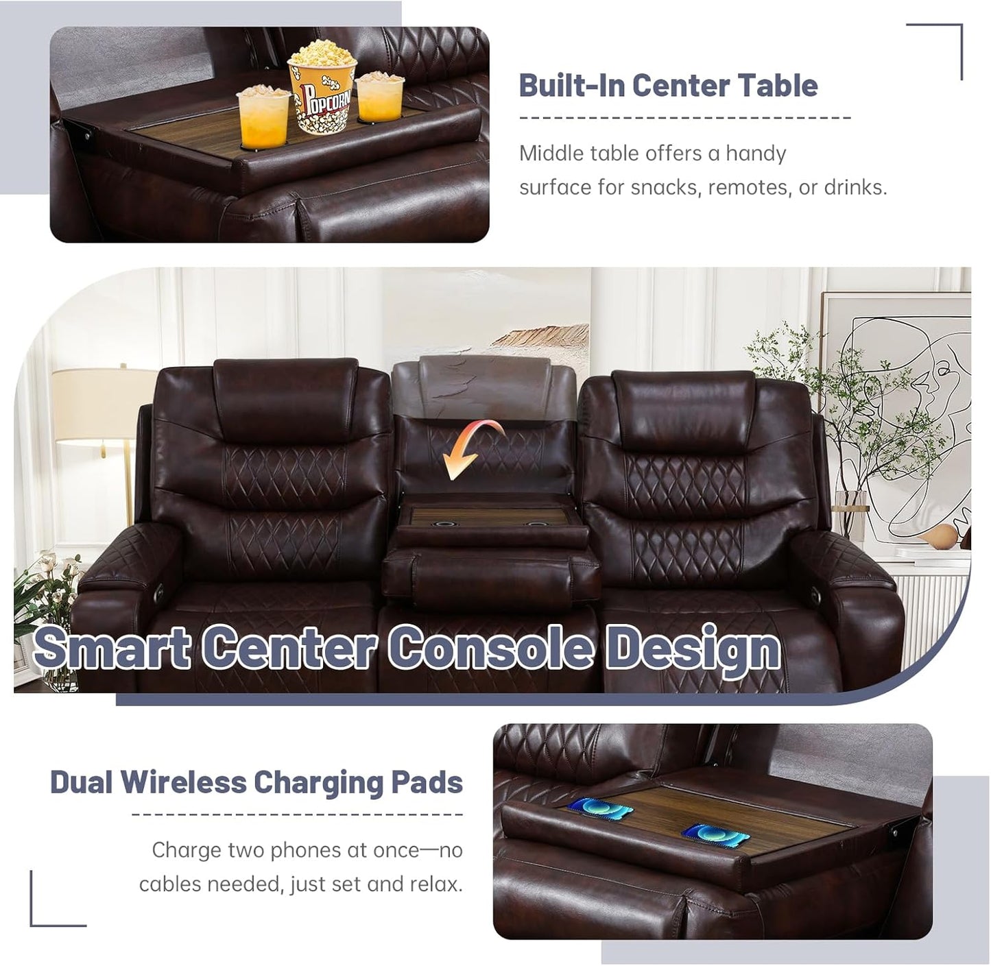3+2+1 PU Leather Power Sectional Sofa Set, Living Room Furniture, Reclining Couch, Loveseat, Chair with LED Lights/USB Ports/Storage Console/Cup Holders/Wireless Chargers/Coffee Table for RV Theater