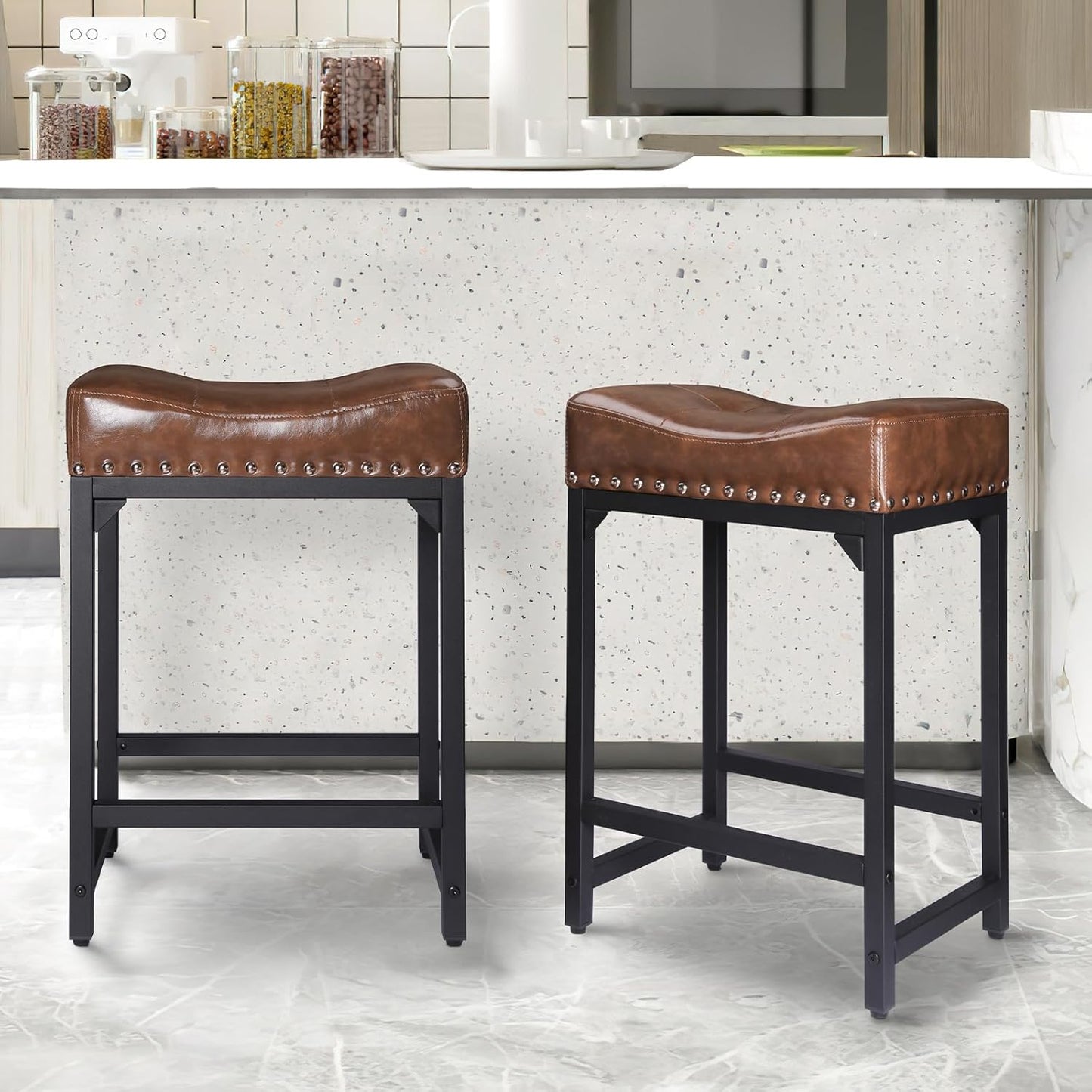 Bar Stools Set of 3, Counter Height Bar Stools for Kitchen Counter, 24 Inch Saddle Backless Barstools Kitchen Stool, Counter Height Stool for Dinning Room, Island-Brown