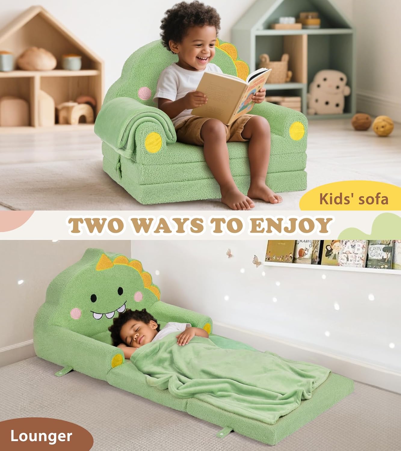 Kids Couch, 2-in-1 Soft Toddler Couch Fold Out with Blanket, Chair Comfy, Foldable Convertible Plush Sofa to Lounger, Gifts for Kids Girl Boys, Dinosaur