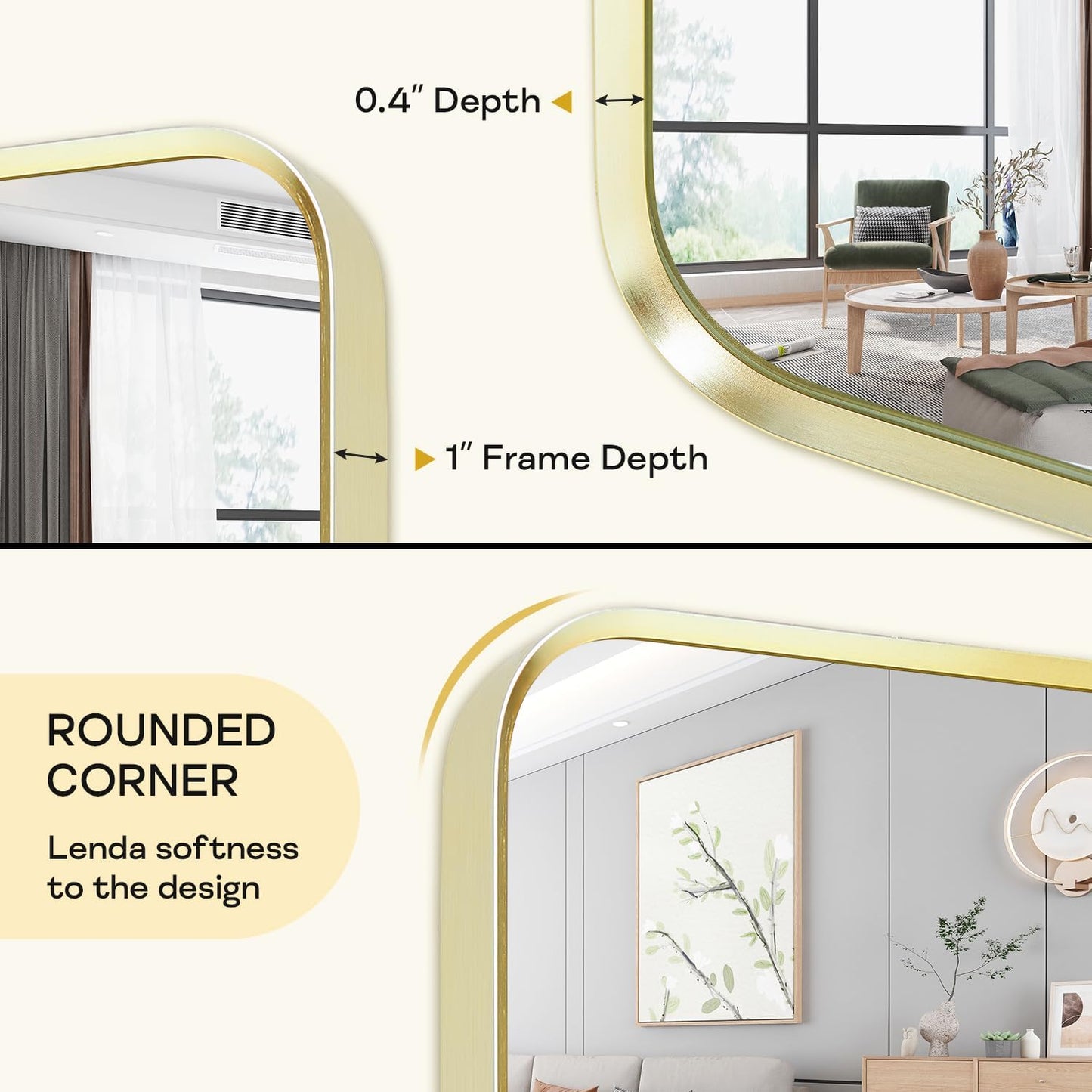 Wall Mount Mirror for Bathroom, Brushed Gold Metal Framed Rounded Corner Rectangular Vanity Mirror, Tempered Glass, Anti-Rust, Hangs Horizontally or Vertically (30" x 40", Gold)