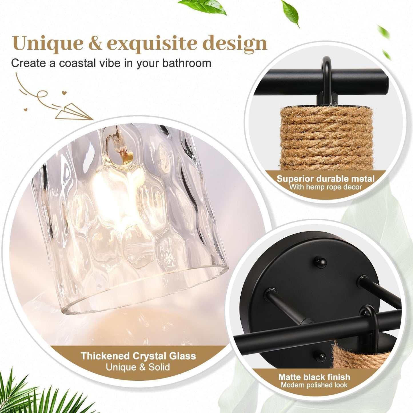 2025 Upgrade Bathroom Light Fixtures, 3-Light Coastal Vanity Lights with Crystal Glass Shade, Black Bathroom Wall Lamp for Mirror Kitchen Hallway Cabinet