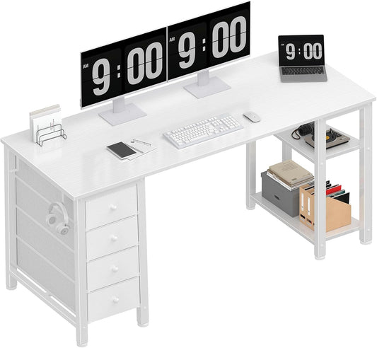 Lufeiya White Computer Desk with Fabric Drawers & Storage Shelves, 63 Inch Study Work Writing Desk for Home Office Bedroom, Simple Modern Cute PC Desks Table, White